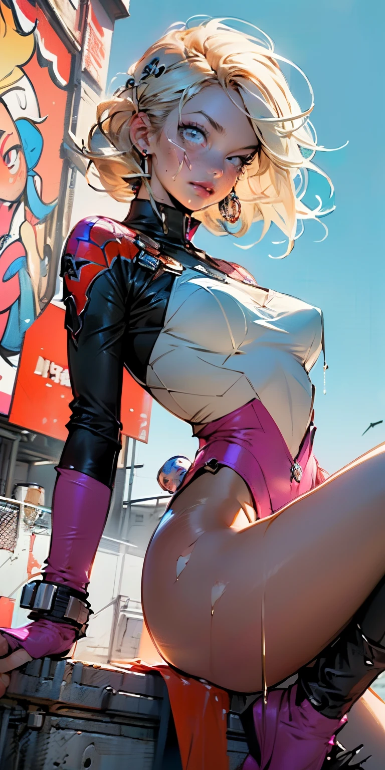 (((Gymnast girl))),(((1girl in))),((Girl with blonde hair and freckles,Very cute and gorgeous)),

(Large :1.4),bubblegum blonde hair with saggy breaststraight hair,Long hair:1.4,Colored inner hair,Ear breathing))),((Heterochromia:1.5,Eye 1 Pink,Eye 2 Blue,Perfect eyes,upward-eyed:1.3,Beautiful detailed eyes,finely detailed beautiful eye:1,big highlight on eyes:1.2,diagonal eye spots on the face,hitornfreckles,Girl with freckles))),(((Lustrous skin:bright skin: 1.5,skin tanned,Shiny skin,Very shiny skin,Shiny body,exaggerated shiny skin,Illuminated,skin, Wet legs))),(spider lower abdomen,Narrow waist,wide-hips,athletic bodies,inflated legs,delicate detailed fingers,Detailed body,Human Hands,(Detailed face)),

Cute,sluttish,Seductive,Erotic,(((NSFW))),e piece leotard magenta,Wearing a dress_Leotard Costume:1.3,Magenta leotard:1.3)),((Wet clothes,detailed costume,detailed  clothes)),

(Dynamic Pose:1.0),embarrassed,(Centered,scale to fit the dimensions,thirds rule),

((((Gymnastics Stadium,giant lcd monitor sign,)))),((Synthwave Background Theme,Detailed background : 1.25)),((((Night,Nice lighting decoration,Detailed architecture)))),

(Best Quality,High resolution,Sharp Focus,ultra-detailliert,Extremely detailed,Very high quality artwork,(Realistic,Photorealistic:1.37),8K_Wallpaper,(8K HDTV CG),(Very fine 8K CG),((hyper super ultra detailed perfect piece)),perfect masterpiece))),Illustration,Vibrant colors,(Convoluted),High contrast,Selective lighting,double exposure,nffsw (High dynamic range),Post-processing,Background blur,