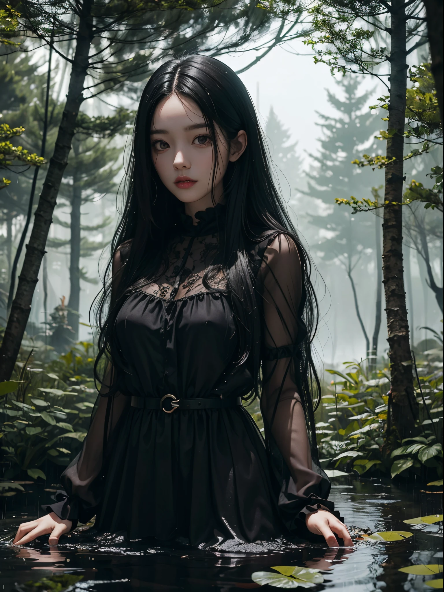 Long black hair woman, pond in the forest, rain, horror atmosphere, creepy, best quality, 8k