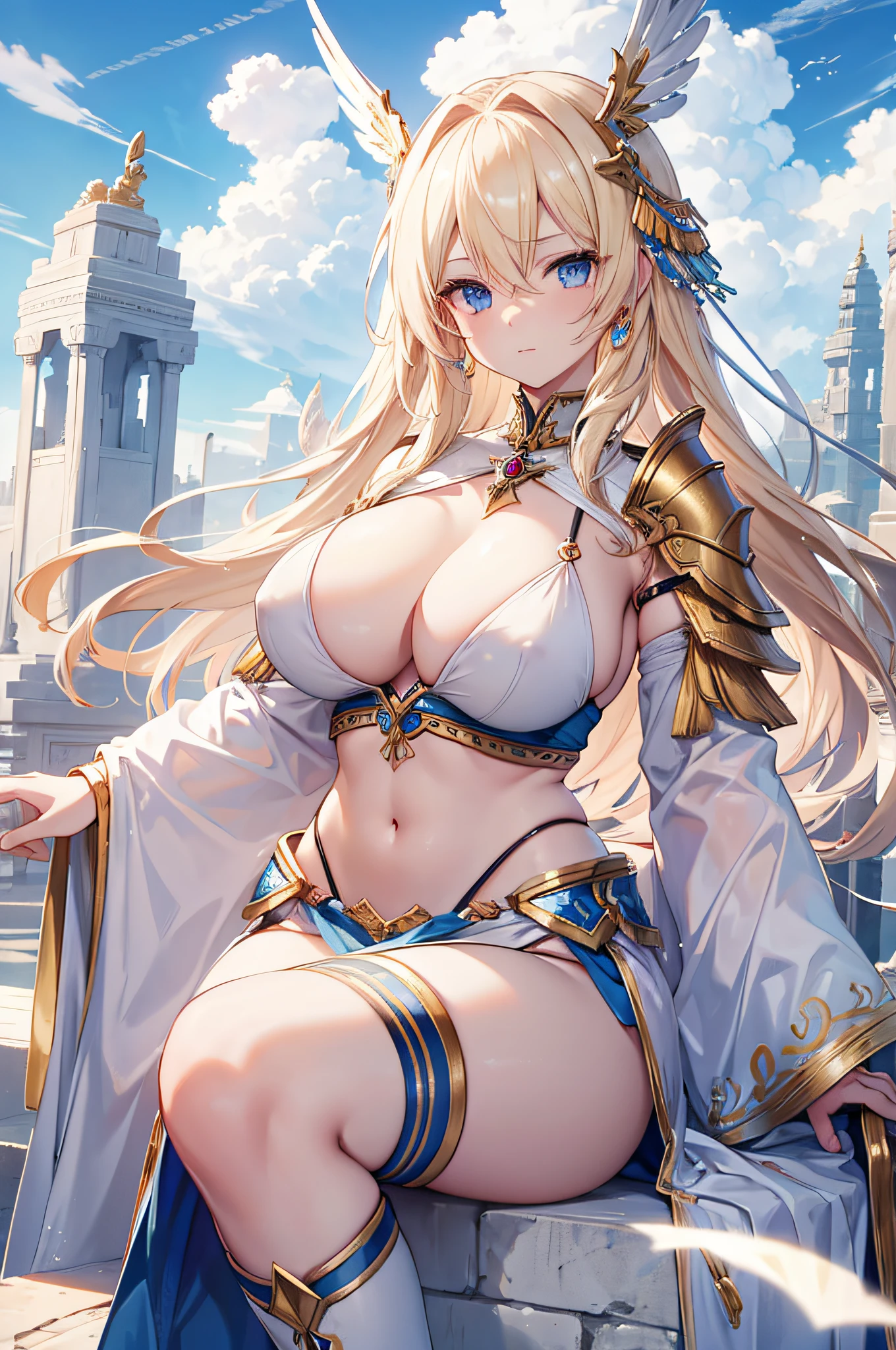 4K,hight resolution,One Woman,a blond,Longhaire,Blue eyes,Colossal tits,valkyrie,white holy armor,jewel decorations,Winged headgear,Temple in the Sky