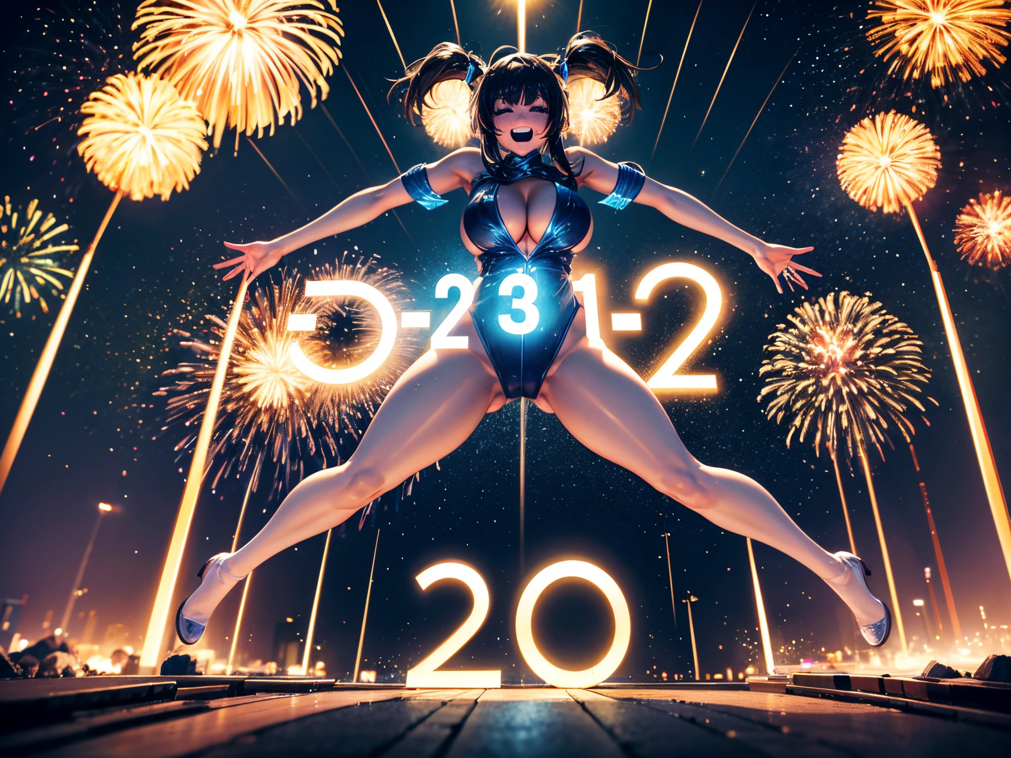 Zoom in to the excitement of a New Year's Eve countdown, where 3D numbers and symbols light up the night. Make this a visually engaging and dynamic celebration. enormous tits, (full body:1.5)