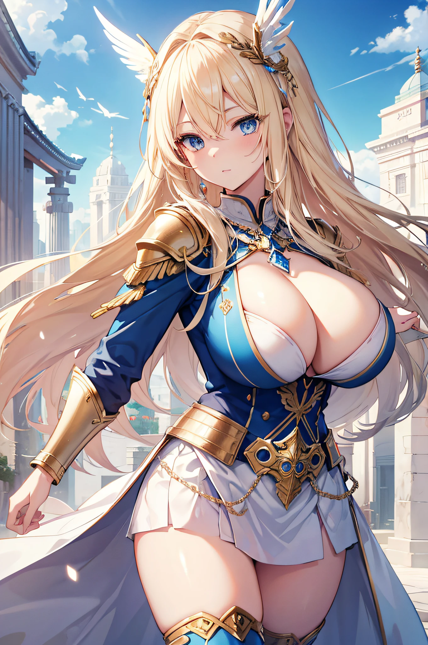 4K,hight resolution,One Woman,a blond,Longhaire,Blue eyes,Colossal tits,valkyrie,white holy armor,jewel decorations,Winged headgear,Temple in the Sky