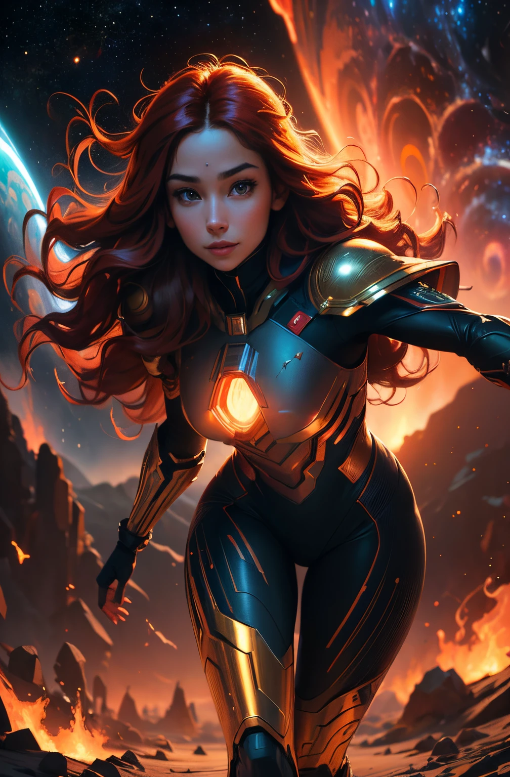 Highly detailed RAW color photo, beautiful young woman, smile at you, long red wavy hair, red with gold space ranger costume, running dynamic pose, (detailed skin), (detailed lips), (detailed eyes), (cosmic: 1.4), (necropolis: 1.1), (science fiction setting) (detailed face), (athletic), detailed eyes, space scene with planets and burning sun, chromatic aberration, depth of field, soft lighting, masterpiece, best quality, intricaens reflection: 0.7), (flowering: 0.7), particle effects, ray tracing, tone mapping, highly detailed, concept art, smooth, sharp focus, dramatic lighting, highly detailed art, cinematic, hyper-realistic painting, trending on Artstation, 8K, amazing shadows, realistic, (highly detailed background: 1.2), mid-journey art