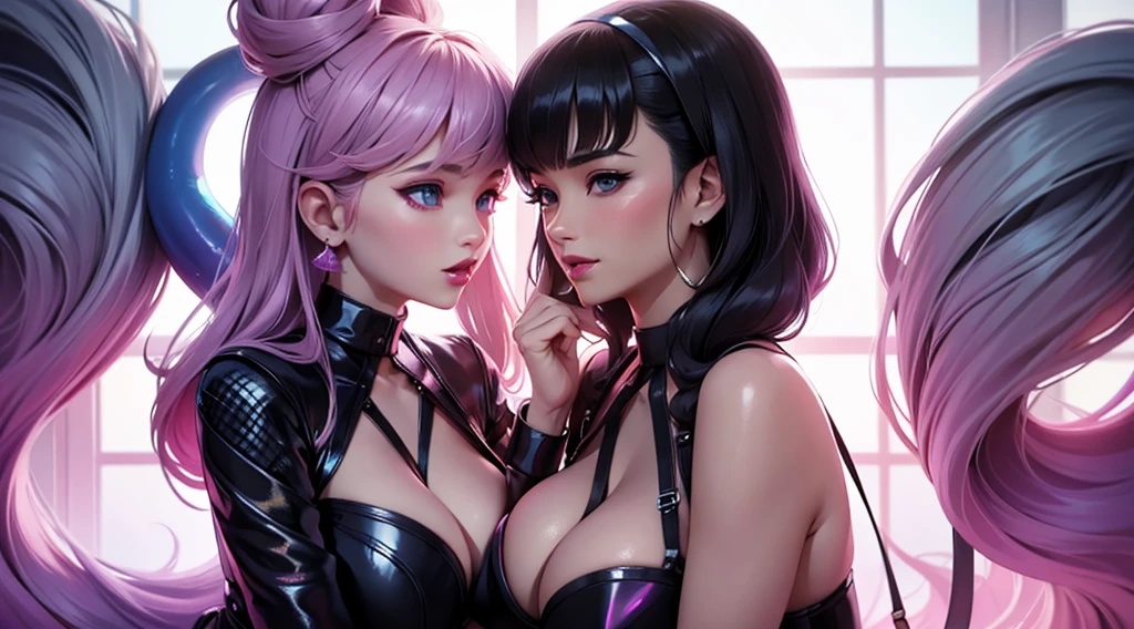 2 girls, seraphine1, Evelynn, kda, league of legends, nsfw, lesbians, risque pose, big boobs, digital illustration, vibrant colors, soft lighting, absurdres, ultrasharp, 8K