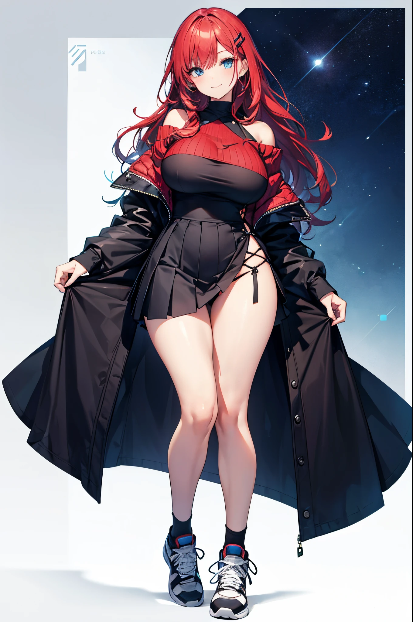 Detail image, realistic image, 1 girl. smiling. She has long red hair, large blue eyes and a delicate oval face, large breasts and a slim, curvy figure. She wears a pair of star-shaped hairpins near both eyes. She is wearing a long sleeved off-shoulder top, pleated mini skirt. thin thong. sneakers. Full body view. White background, Uniform background. Ambient light. Volumetric Light
