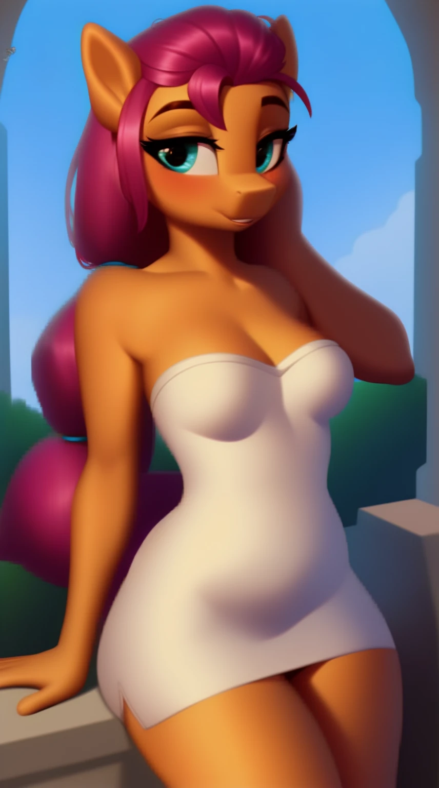 (score_9), (source_pony), (solo), (earth pony), ((anthro Sunny starscout :1.1)), (strapless dress), sexy, blushing, seductive look, long braided hair, anatomically correct, night garden, flat chest, half body, anime art style, solo, hourglass figure, curvy, plump body, young, chubby, cute, high res, facing straight at viewer,