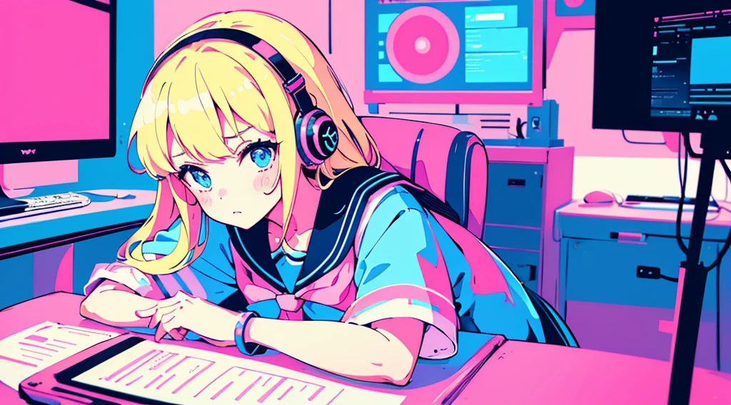 (1 girl, blonde hair, blue eyes, sailor suit, headphone, sitting in a chair, kawaii), (pink cyberpunk, room with big monitors, pink neon), (low contrast, flat color, limited palette)