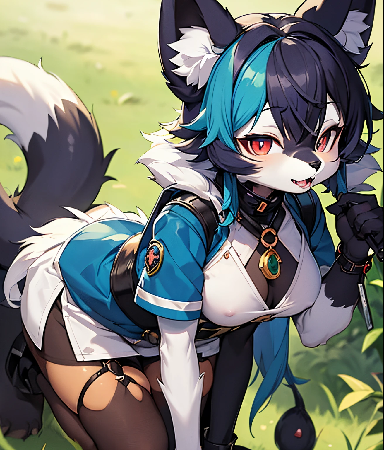 (fluffy anthro furry:1.3), furry raccoon, (Michiru:1.1), small breasts, 1girl, solo, blue hair, (multicolored eyes:1.3), fox ears, portrait