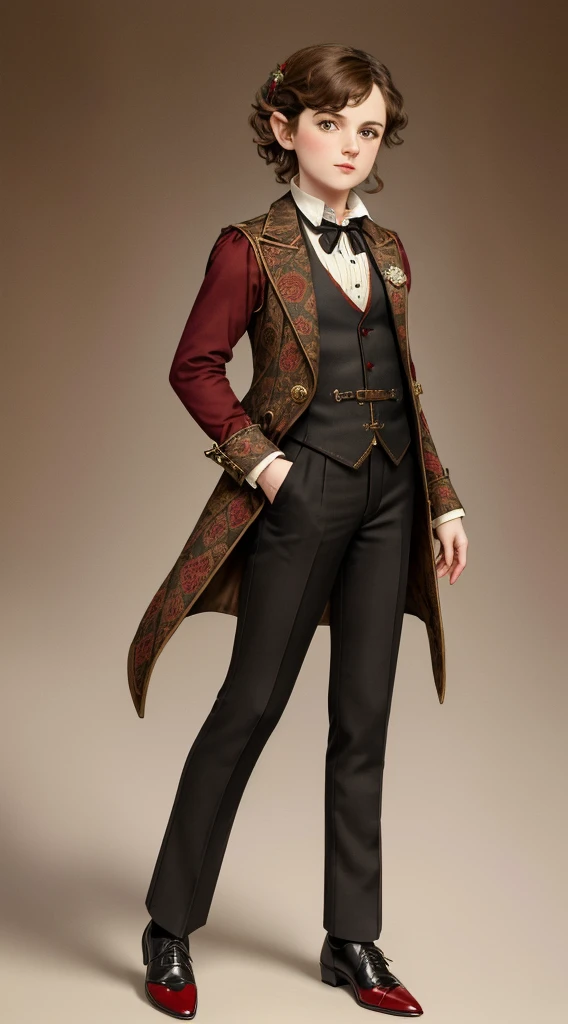 (highres,masterpiece:1.2),(best quality:1.1), ttrpg halfling girl with dark brown hair, victorian style steampunk outfit, white linen shirt with black ribbon collar, red patterned waistcoat, black frock coat with long sleeves, tight black pants, black laquered oxford style shoes with short heels, haunted castle background
