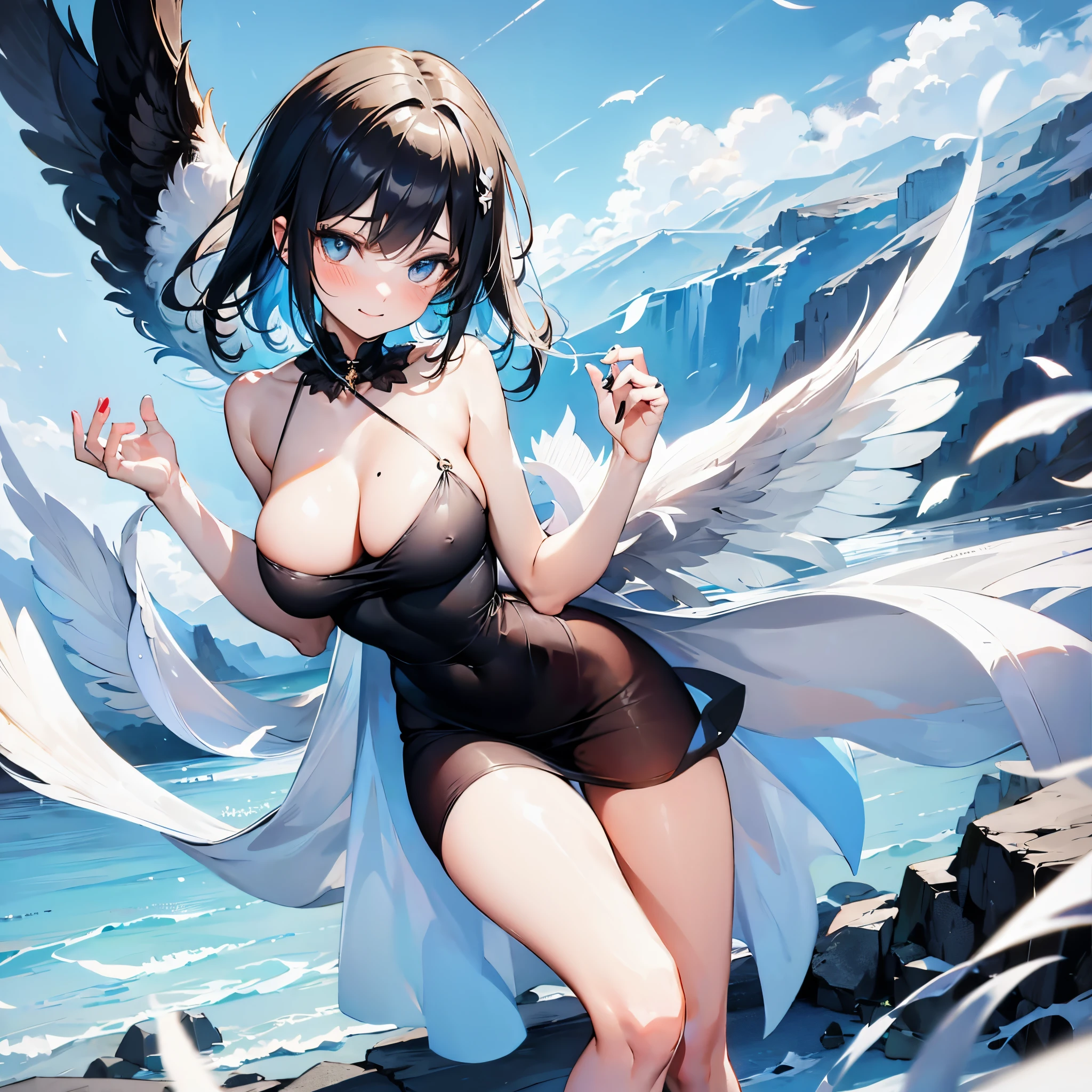 solo seraphim girl standing on peak of snowy mountain, strongly blowing frozen wind, BREAK, (she had black short hair.:1.3), (she is wearing only flapping black sheer short dress.:2.5), (her dress is sleeveless plunging neckline:1.2), (her dress is black short one-piece skirt.:1.5), (her dress has shoulder straps.:1.5), BREAK, collarbone, bared slim arms, bared (thin long legs:1.2), bared neck, BREAK, (large perky breast:1.3), cleavage, BREAK, thin waist, BREAK, smile for viewer, (nose blush:1.2), BREAK, (multiple white wings on back:1.5), (multiple black wings on back:1.5), (12 large wings on back:1.2), BREAK, (orgasm:1.2), breast milk, nsfw, heavy breathing