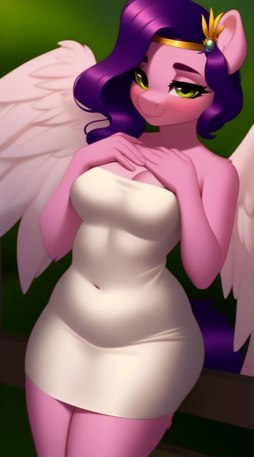 (score_9), (source_pony), (solo), (pegasus), ((anthro Pipp Petals1.1)), (strapless white tube dress), sexy, blushing, seductive look, messy hair, lidded eyes, sultry pose, bedroom eyes, anatomically correct, night garden, small breasts, half body, solo, hourglass figure, curvy, plump body, young, short, chubby, cute, high res, facing straight at viewer,