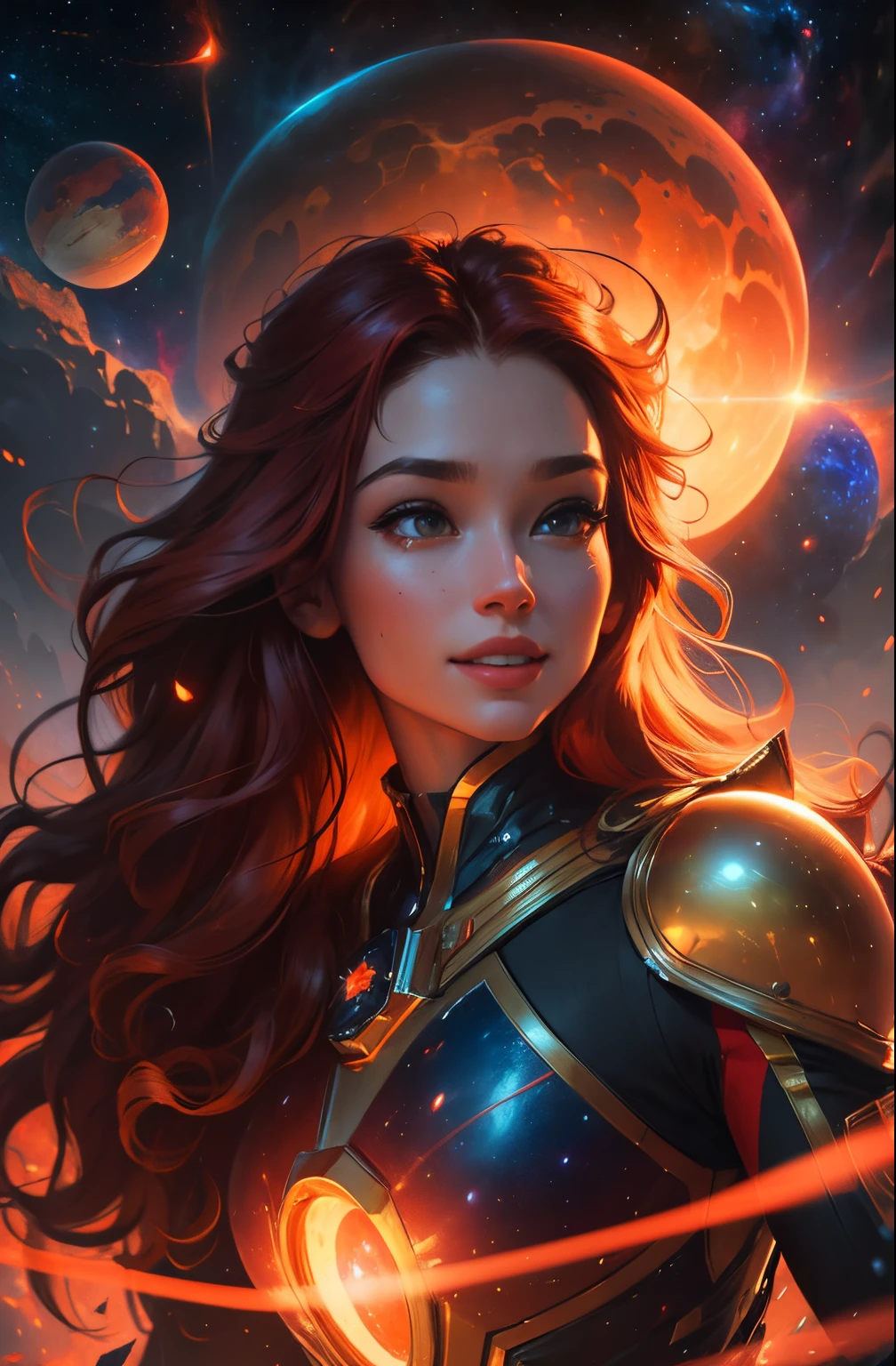 Highly detailed RAW color photo, beautiful young woman, smile at you, long red wavy hair, red with gold space ranger costume, running dynamic pose, (detailed skin), (detailed lips), (detailed eyes), (cosmic: 1.4), (necropolis: 1.1), (science fiction setting) (detailed face), (athletic), detailed eyes, space scene with planets and burning sun, chromatic aberration, depth of field, soft lighting, masterpiece, best quality, intricaens reflection: 0.7), (flowering: 0.7), particle effects, ray tracing, tone mapping, highly detailed, concept art, smooth, sharp focus, dramatic lighting, highly detailed art, cinematic, hyper-realistic painting, trending on Artstation, 8K, amazing shadows, realistic, (highly detailed background: 1.2), mid-journey art