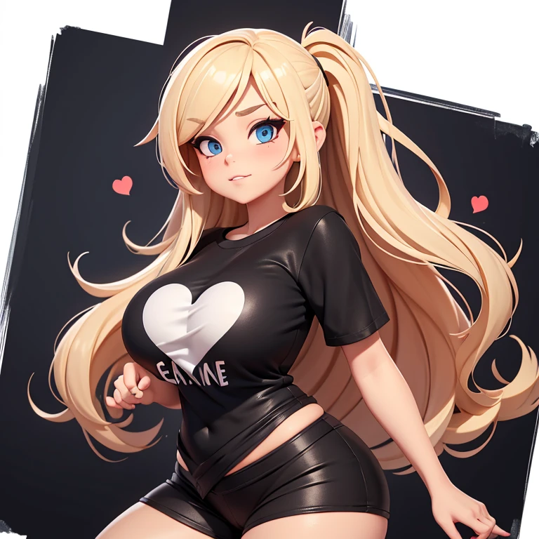 twitch emote of a captivating white woman, mid-long flowing blonde hair, holding a heart. Dressed as a gamer girl in a black t-shirt that accentuates her sensual, full-figured body. Utilize a nature color palette. Apply the digital painting technique to add dept, intricate details, against a white background.