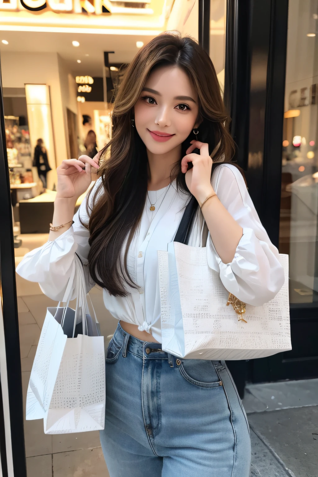 (best quality,4k,8k,highres,masterpiece:1.2),ultra-detailed,(realistic,photorealistic,photo-realistic:1.37),brunette girl,long hair,shopping,beautiful detailed eyes,beautiful detailed lips,extremely detailed eyes and face,longeyelashes,2girls,stylish fashion,modern clothes,cityscape background,vibrant colors,bustling streets,shopping bags,high-end boutiques,luxury brands,window displays,gorgeous accessories,hairstyle,confidence,joyful expressions,shopping spree,smiling faces,fashionable poses,intricate patterns,attention to detail,expressive poses,sophisticated makeup,effortless style,excitement,indoor lighting,street lights,evening scene,gentle sunlight,crowded sidewalks,urban atmosphere,busy shoppers,latest trends,shopping boutiques,vivid colors,displayed merchandise.