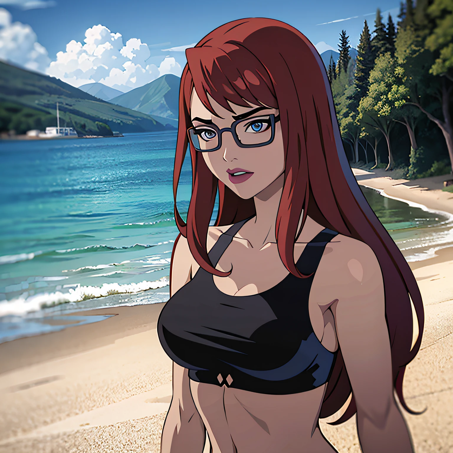 masterpiece, best quality, 1girl, solo,highres, scenery, CARTOON_barbara_ownwaifu,ownwaifu.com,long hair,glasses,red hair,blue eyes,black-framed eyewear,bangs,breasts,wears yellow bikini,lookind at viewer,under-rim eyewear,semi-rimless eyewear