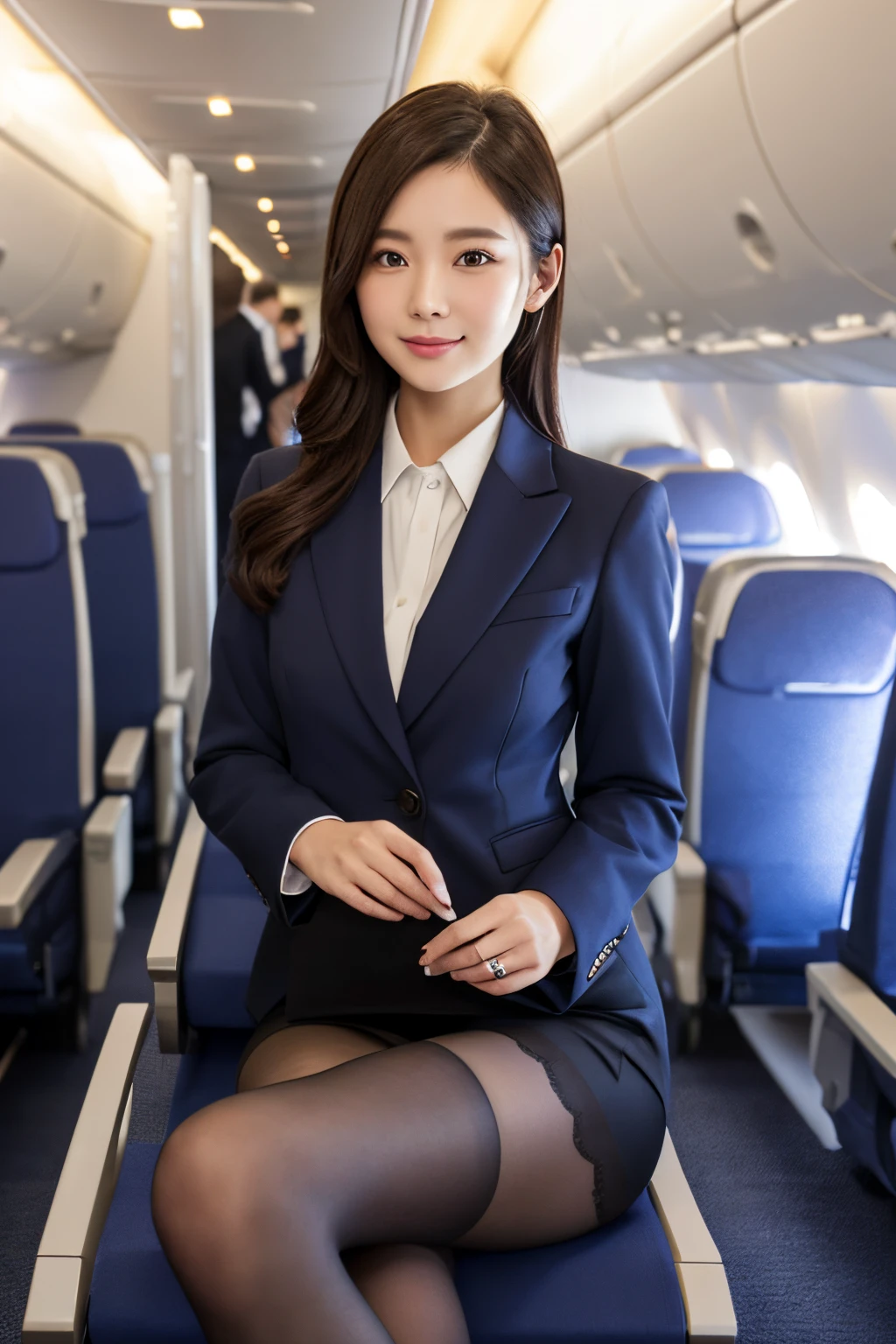 masutepiece, Best Quality, 8K、(Golden Ratio Face、Balanced eyes、very gentle eyelids)、二重まぶた、Beautiful nasal muscles、Shy laughter、lipgloss 、Very beautiful girl、Beautiful girl solo like a model、View photographer,woman wearing gray jacket and skirt,costume with blue accents,Grey Suit, Formal business suit, Grey jacket, formal suit, wearing jacket and skirt, Office Clothes, tailored clothing, Wearing a business suit,flight attendant suit,Stewardess uniform,Stewardess uniform(Look at viewers,Inside the plane:1.2)、(Black pantyhose)