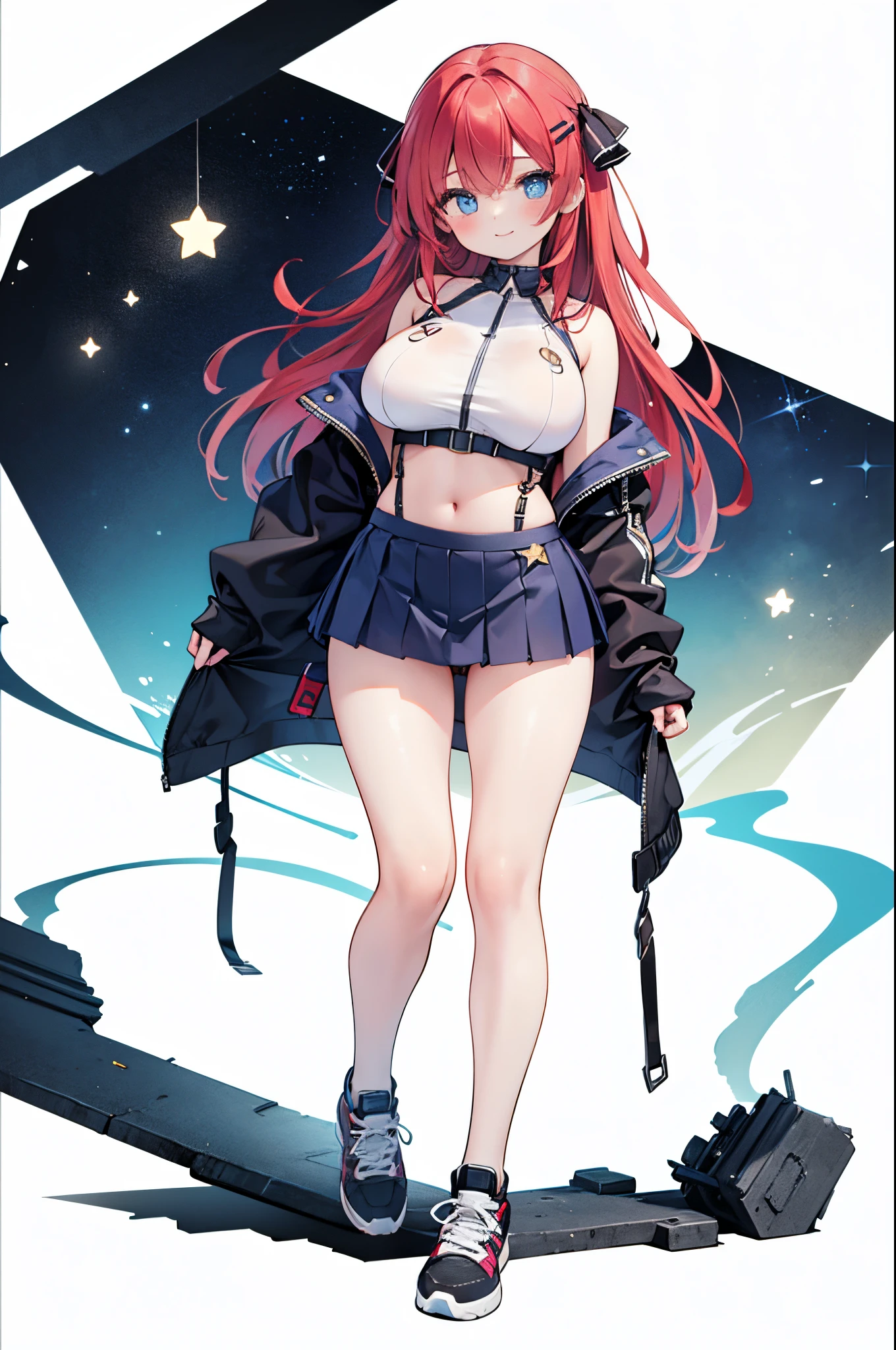 Detail image, realistic image, 1 girl. smiling. She has long red hair, large blue eyes and a delicate oval face, large breasts and a slim, curvy figure. She wears a pair of star-shaped hairpins near both eyes. She is wearing a long sleeved off-shoulder top, pleated mini skirt. thin thong. sneakers. Full body view. White background, Uniform background. Ambient light. Volumetric Light