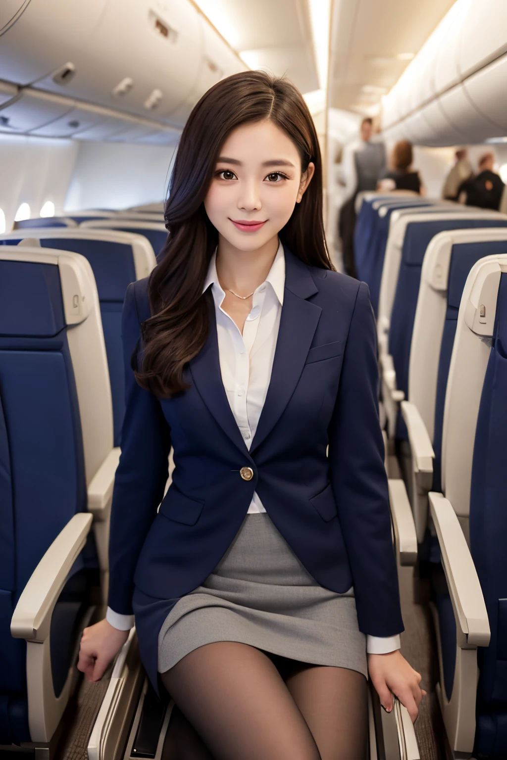 masutepiece, Best Quality, 8K、(Golden Ratio Face、Balanced eyes、very gentle eyelids)、二重まぶた、Beautiful nasal muscles、Shy laughter、lipgloss 、Very beautiful girl、Beautiful girl solo like a model、View photographer,woman wearing gray jacket and skirt,costume with blue accents,Grey Suit, Formal business suit, Grey jacket, formal suit, wearing jacket and skirt, Office Clothes, tailored clothing, Wearing a business suit,flight attendant suit,Stewardess uniform,Stewardess uniform(Look at viewers,Inside the plane:1.2)、(Black pantyhose)