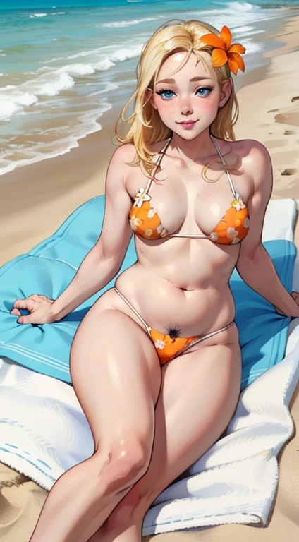 high detailed, masterpiece 1girl, pale skin, ((laying back on elbows)), posing sexy on elbows, subtle smile, pouting, full lips, blonde hair, blue eyes, perfect hands, small breasts, flat bust, flat breasts, wide hips, wide waist, round face, (orange and white hawaiian flower themeed bikini), (fat chubby body: 0.8, feet, (at beach, on towel), sand, water, sun, (pubic hair)