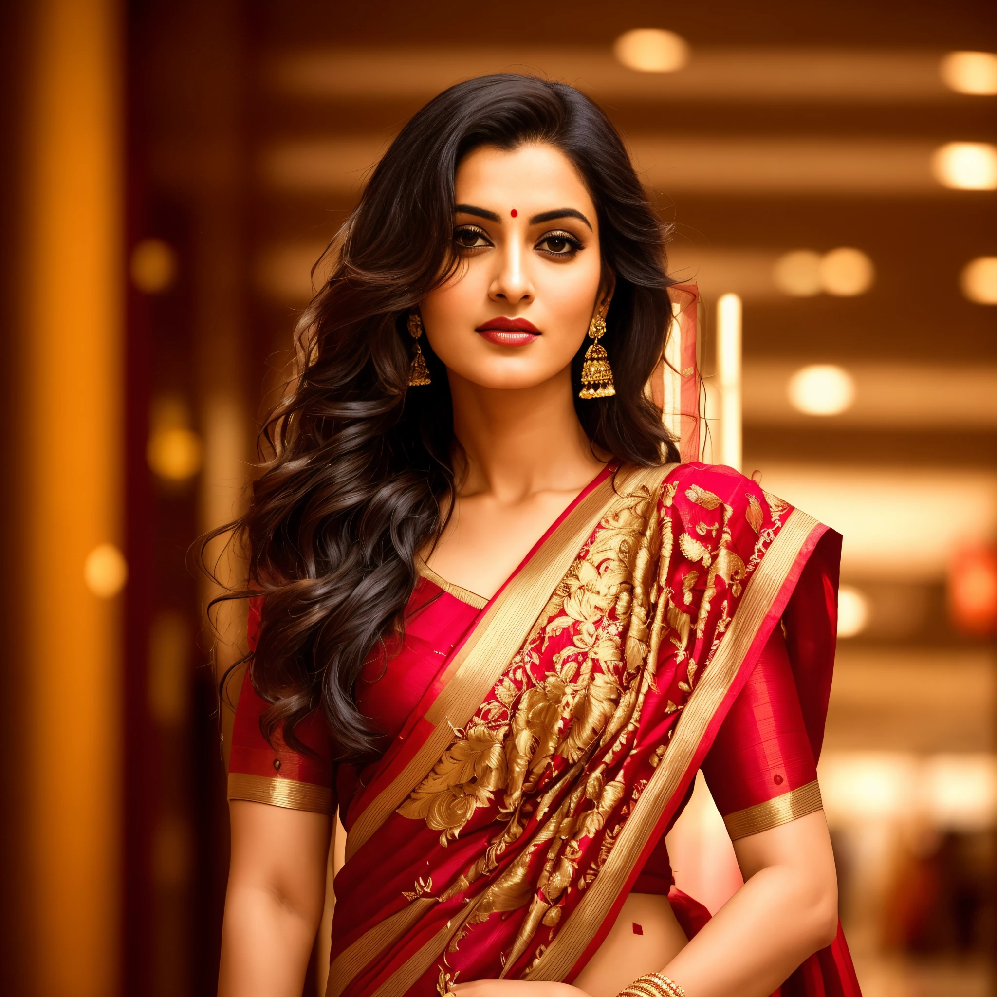 araffe woman in a sari posing for a picture in a mall, very attractive and beautiful, traditional beauty, breathtaking look, dressed in a sari, mid-shot portrait of a beautiful, wearing a sari, beautiful model, beautiful look, very beautiful photo, stylish pose, gorgeous woman, pretty face!!, with lovely look, beautiful face!!!!, attractive and beautiful