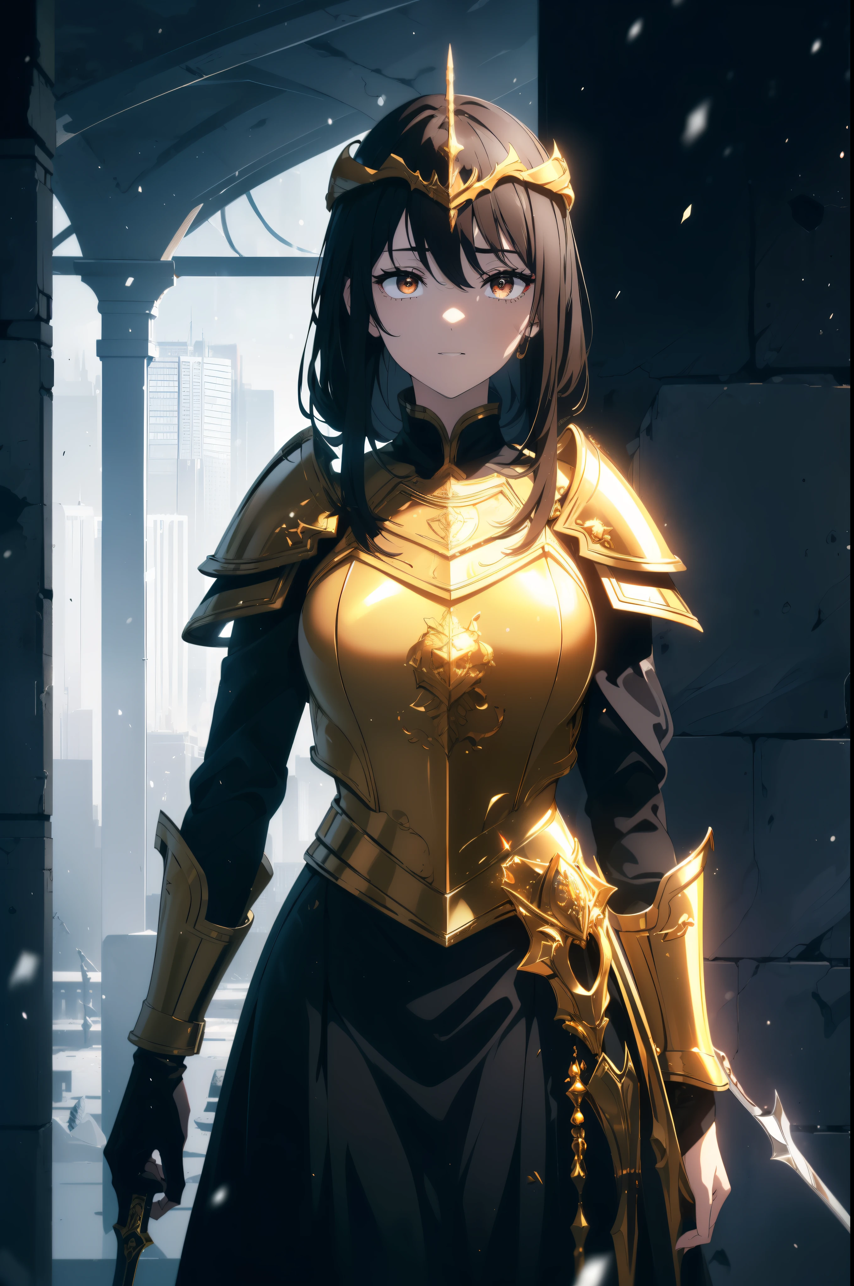 ((Obra maestra, La mejor calidad, ultrahigh resolution)), (((a girl in a suit of golden armor, standing confidently, wielding sword, swinging sword, ready to fight))), ((((soldier, clad in golden steel armor, golden plate armor)))), (((wearing golden roman helmet, closed golden roman helmet))), (((fierce))), (((black hair, dark black hair))), long hair cut, pale skin, ((brown eyes)), glowing_eyes, neon eyes, (ultra detailed eyes:0.7, beautiful and detailed face, detailed eyes:0.9), ((centered)), smile, ((wide shot)), facing viewer, eye level, ((vibrant background, snowy landscape, cityscape, snowing, snow)), flat chested, looking at viewer, ((half closed eyes)), ((perfect hands)), (((head:1, arms, hips, elbows, in view))), ((hands behind back)), empty eyes, beautiful lighting, outside, outdoors, background, defined subject, 25 years old, (head tilt)