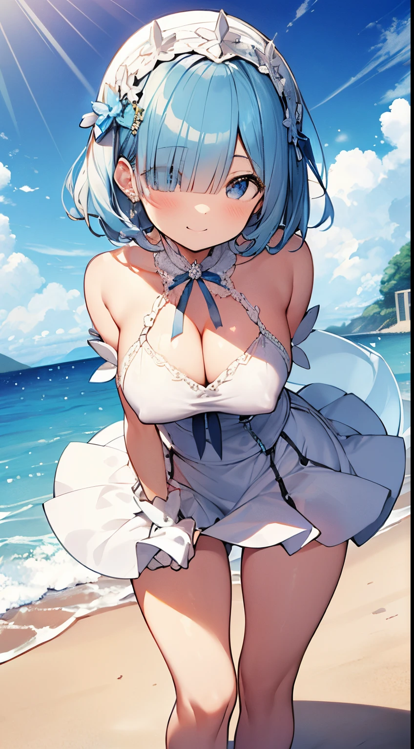 extra detailed face, Perfect Lighting, extremely details CG, 4K、8K、be shy、mournful smile、(Perfect hands, Perfect Anatomy)、Ultra-realistic photo of a girl in a beautiful white swimsuit, Big beautiful dress,All White Bikini、small viking veil、Bikini with frills, masutepiece, art stations, Fantasy Art:1.2),Beautiful sandy beach and clear sea、chapel、beautiful white bouquet、Beautiful cute girl, Rem of Rezero、Height 150cm、(Blue shorthair:1.3), (Bangs hide one eye:1.4)、(intricate short white skirt, Bare legs:1.2, Full body shot)、very Bigger breasts、cleavage of the breast、Nipples show through、、No pubic hair(Clearly visible detailed female pubic shape: 1.4)、skirt rift、Thin leg、Skinny Legs、very very short skirt、Skirt、put on white opera gloves、sexy pose,The wind blows up my skirt