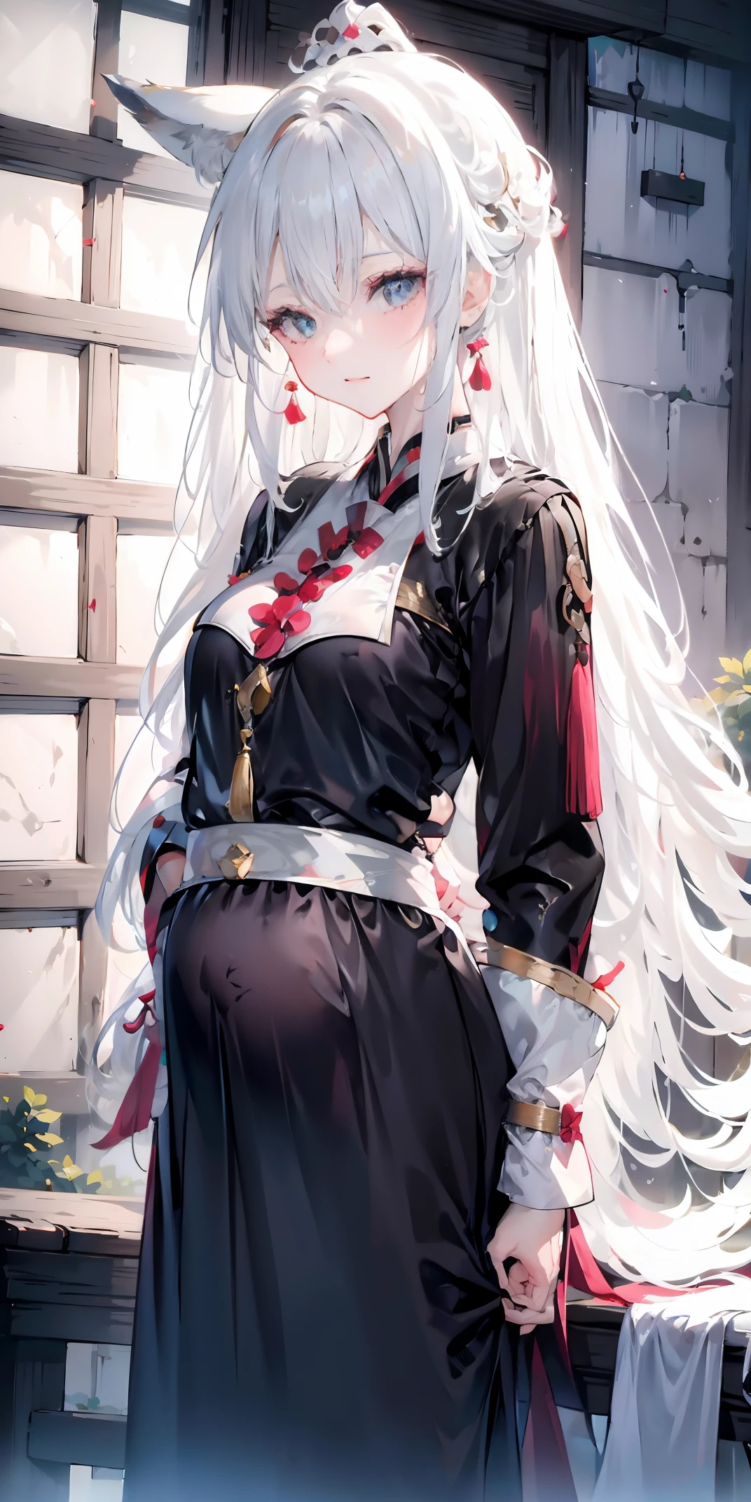 Fox ears, white ash hair, anime girl, black shirt, white skirt, pale face, sweating, heavy breath, blushing, pregnancy dresest quality:1.2), ultra-detailed,realistic ,portraits, vivid colors, soft lighting, interesting PoV, stocking, straight hair, pregnant, golden hairpin,