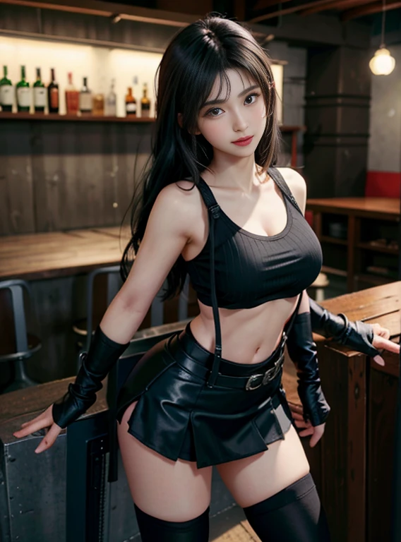 Final Fantasy VII, (nose blush), Single elbow pad, Ankle Boots, Black hair, Black skirt, black thighhighs, Red boots, elbow groves, Elbow Pads, Fingerless gloves, Taut shirt, Sports Bra, (Suspender Black Skirt), thighs thighs thighs thighs, White tank top, top body is hyperrealistic thicc muscle and hyper largest_breasts!! types of buberon, Black hair, Full body, look at viewr, Standing at a bar and posing,  Mouth, makeup, Bokeh, Best Quality, masutepiece, hight resolution, nffsw, 1080p