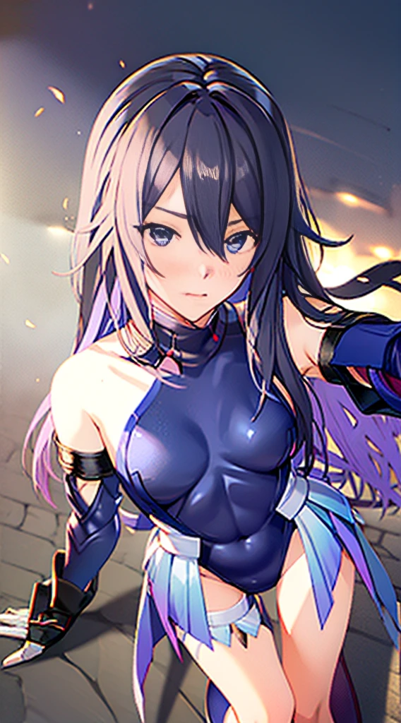 masutepiece, Best Quality, Pose leaning against wall,crouched,Crab crotch,Blue leotard,highleg, Elegant, 1girl in, thigh high boots, well-muscled,Cute, blushed, Looking at Viewer, From above,, Mini skirt, White and black striped T-shirt, Blue eyes, Beautiful eyes, Beautiful background, light Particle, Sun rays, Dramatic Lighting, Outside, shiny, Realistic, masutepiece, Best Quality, Ultra-detailed, Detailed, Scenery, Beautiful detailed eyes, detailed hairs
