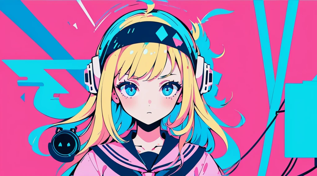 (1 girl, blonde hair, blue eyes, sailor suit, headphone, kawaii), (pink cyberpunk, room with big monitors, pink neon), (low contrast, flat color, limited palette)