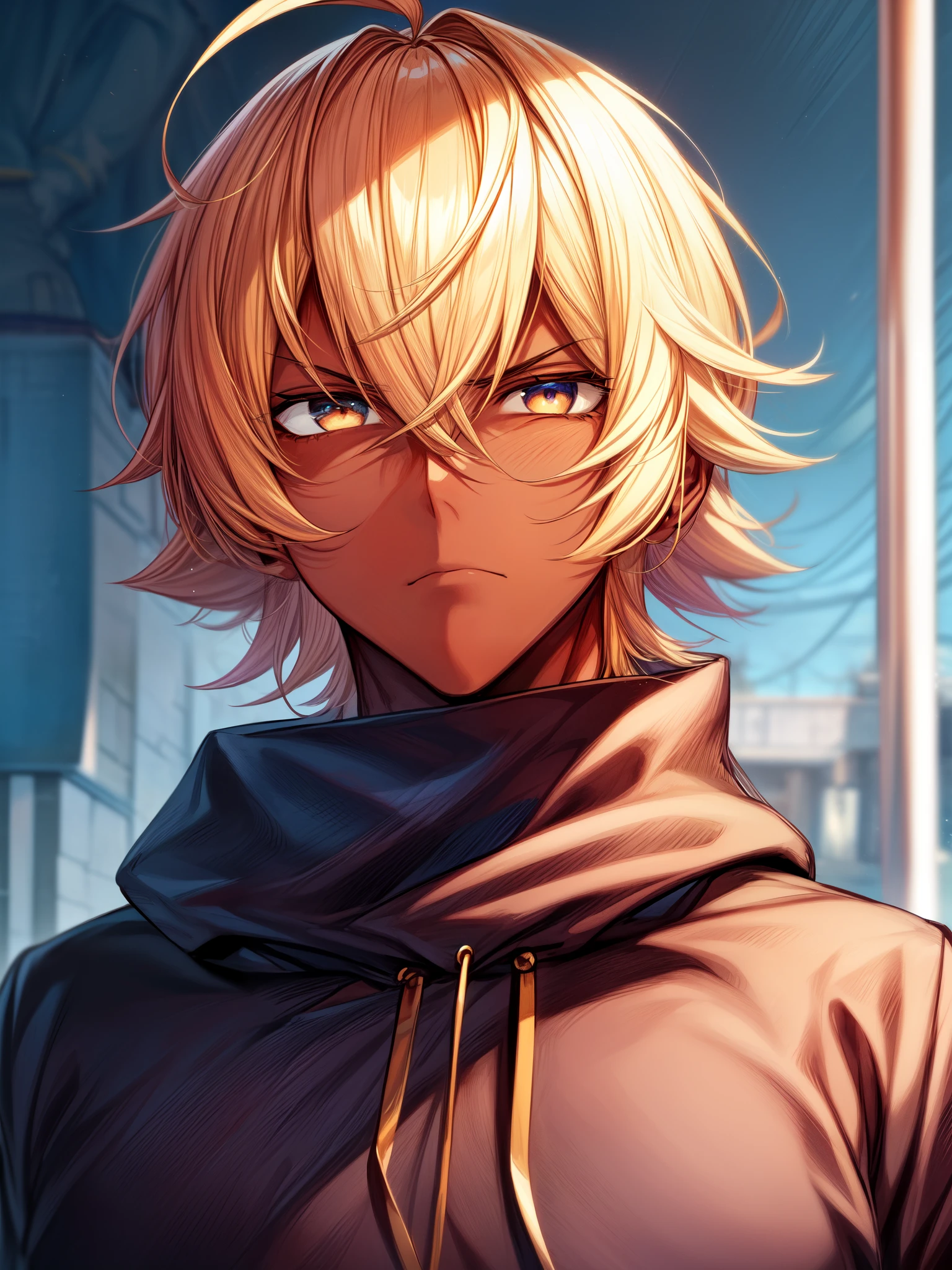 ((blacksmith)), ((ahoge)), close-up, upper body portrait, ((dark skin)), ((street clothelack hoodie)), ((male)), ((serious expression)), ((bright golden hair)), ((short wild hair)), ((mature male)), ((complementary colors)),1boy, beautifully drawn, high resolution illustration, best quality, High definition, ((detailed anime sketch)), Masterpiece, (solo), absurdres, detailed background, fine detail, male focus, HDR,