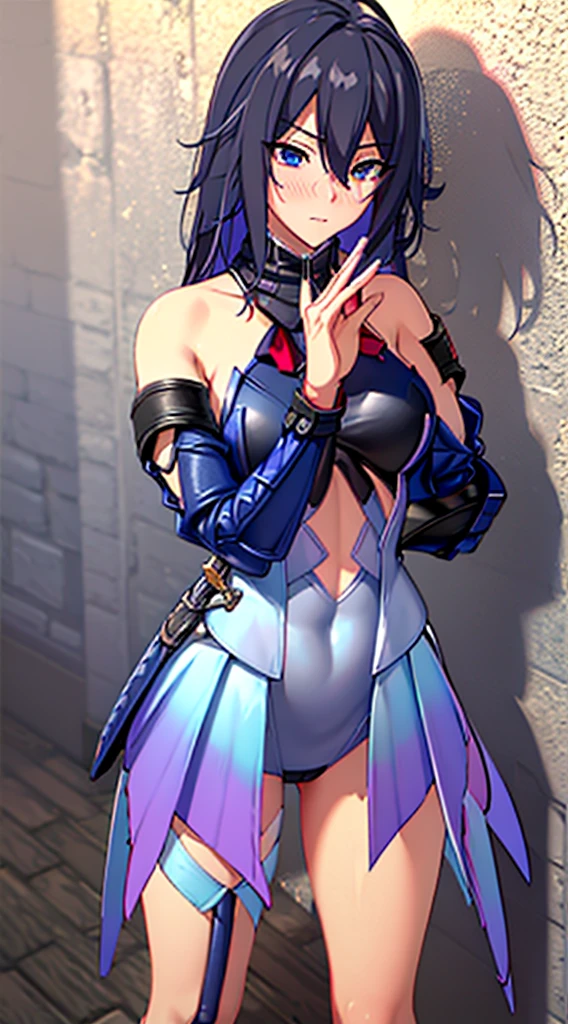 masutepiece, Best Quality, Pose leaning against wall，Squat ，Crab crotch，Blue leotard，highleg, Elegant, 1girl in, thigh high boots, well-muscled，Cute, blushed, Looking at Viewer, From  above,, Mini skirt, White and black striped T-shirt, Blue eyes, Beautiful eyes, Beautiful background, light Particle, Sun rays, Dramatic Lighting, Outside, shiny, Realistic, masutepiece, Best Quality, Ultra-detailed, Detailed, Scenery, Beautiful detailed eyes, detailed hairs