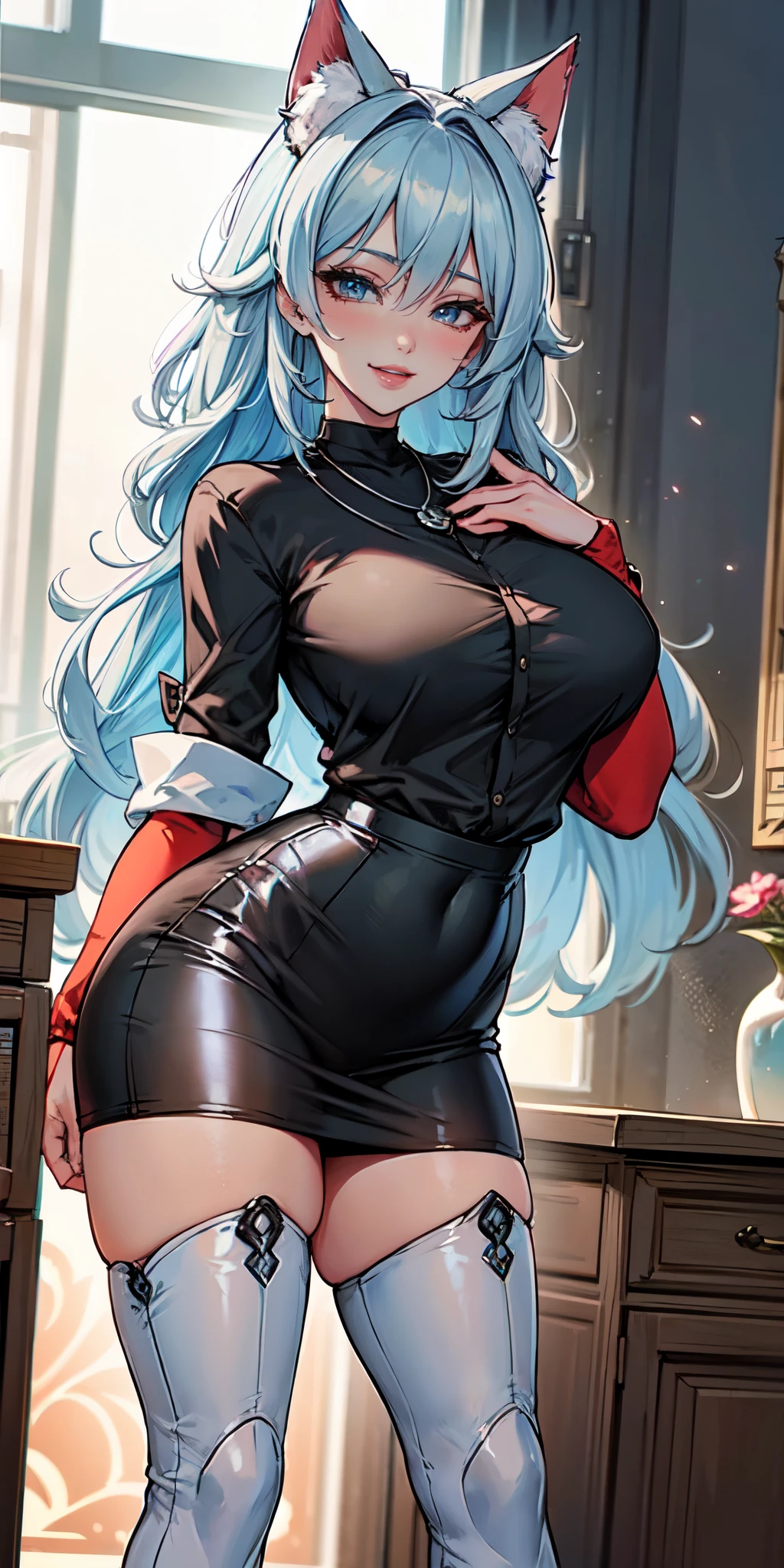 Masterpiece, beautiful art, 8k, art style by sciamano240, very detailed face, detailed hair, detailed clothes, detailed fabric, 1girl, beautiful face, long hair, light blue hair , very detailed blue cat eyes, cute smile, wearing open shirt, black dior thigh boots, black pencil skirt, standing, necklace, chocker, rosey cheeks, office setting,