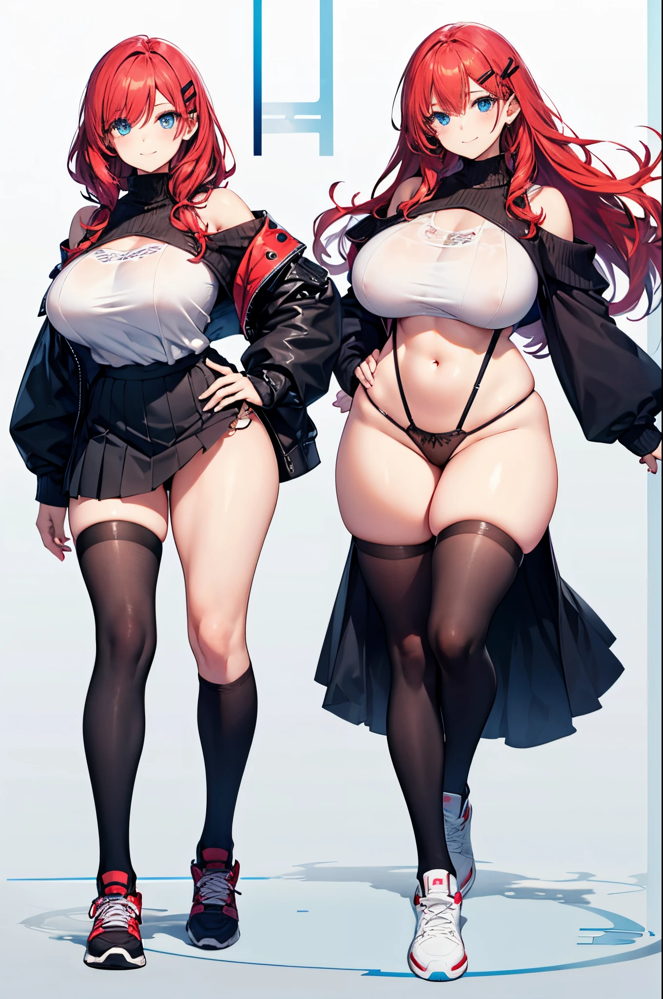 Detail image, realistic image, 1 girl. smiling. She has long red hair, large blue eyes and a delicate oval face, large breasts and a slim, curvy figure. She wears a pair of star-shaped hairpins near both eyes. She is wearing a long sleeved off-shoulder top, pleated mini skirt. thin thong. sneakers. Full body view. White background, Uniform background. Ambient light. Volumetric Light