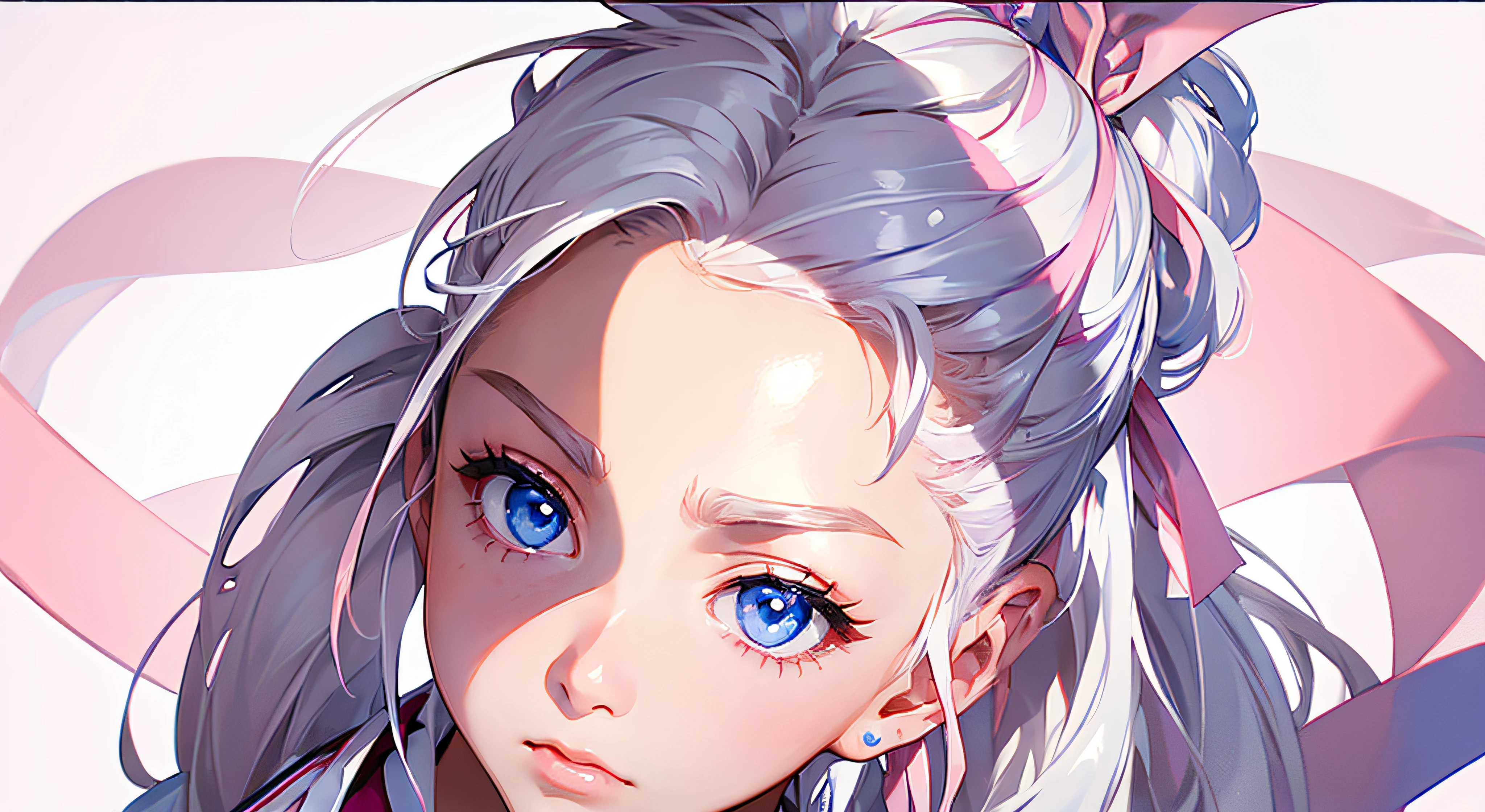 (((White hair)))、Blue eyes((((Ponytail on the side))))、(((Hair is ragged)))、(((Pink ribbon on hair)))、Throwing kisses