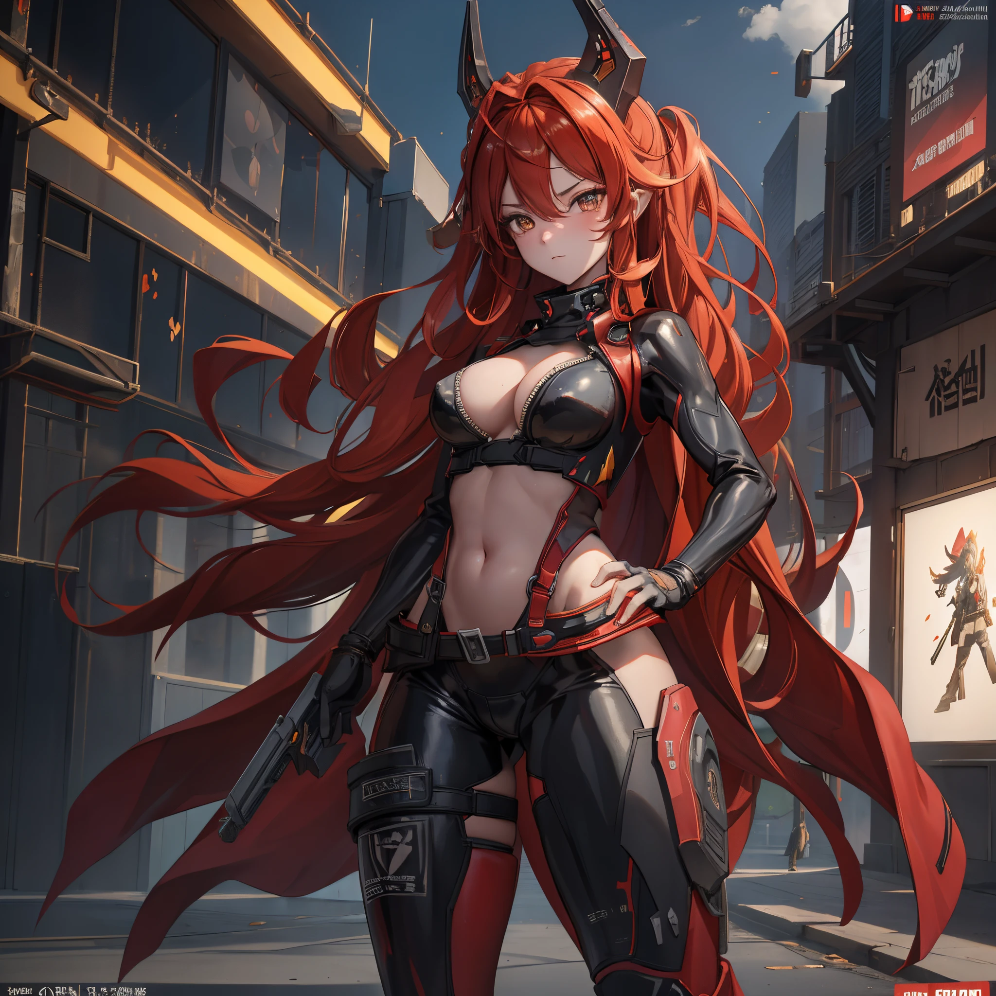 A lone mature girl, Leg long Burning Red hair, , Brown eyes, cat eyes, Beautiful face, masterpiece, best quality, expressive eyes, perfect face, forehead protector, long Black Twin Horn Head Gear, Big Anti-Tank Sniper Rifle, Exposed Navel, Black rubber skin tight suit, full leg black stocking, exposed chest , sci-fi city , High detail mature face, combat suit, high res, ultra sharp, She stands confidently in the center of the poster, Shooting pose, explosion effect, a determined expression on her face。The background is dark and gritty，There is a sense of danger and a strong feeling。The text is bold and eye-catching，With catchy slogans，Adds to the overall drama and excitement。The color palette is dominated by dark colors，Dotted with bright colorake the poster dynamic and visually strikinagazines:1.3), (Cover-style:1.3), Fashion, vibrant, Outfit, posing on a, Front, rich colorful，Background with，element in，self-assured，Expressing the，halter，statement，Attachment，A majestic，coil，Runt，Touching pubic area，Scenes，text，Cover of a，boldness，attention-grabbing，titleashion，typeface，，Best quality at best，Hyper-detailing，8K ，hyper HD