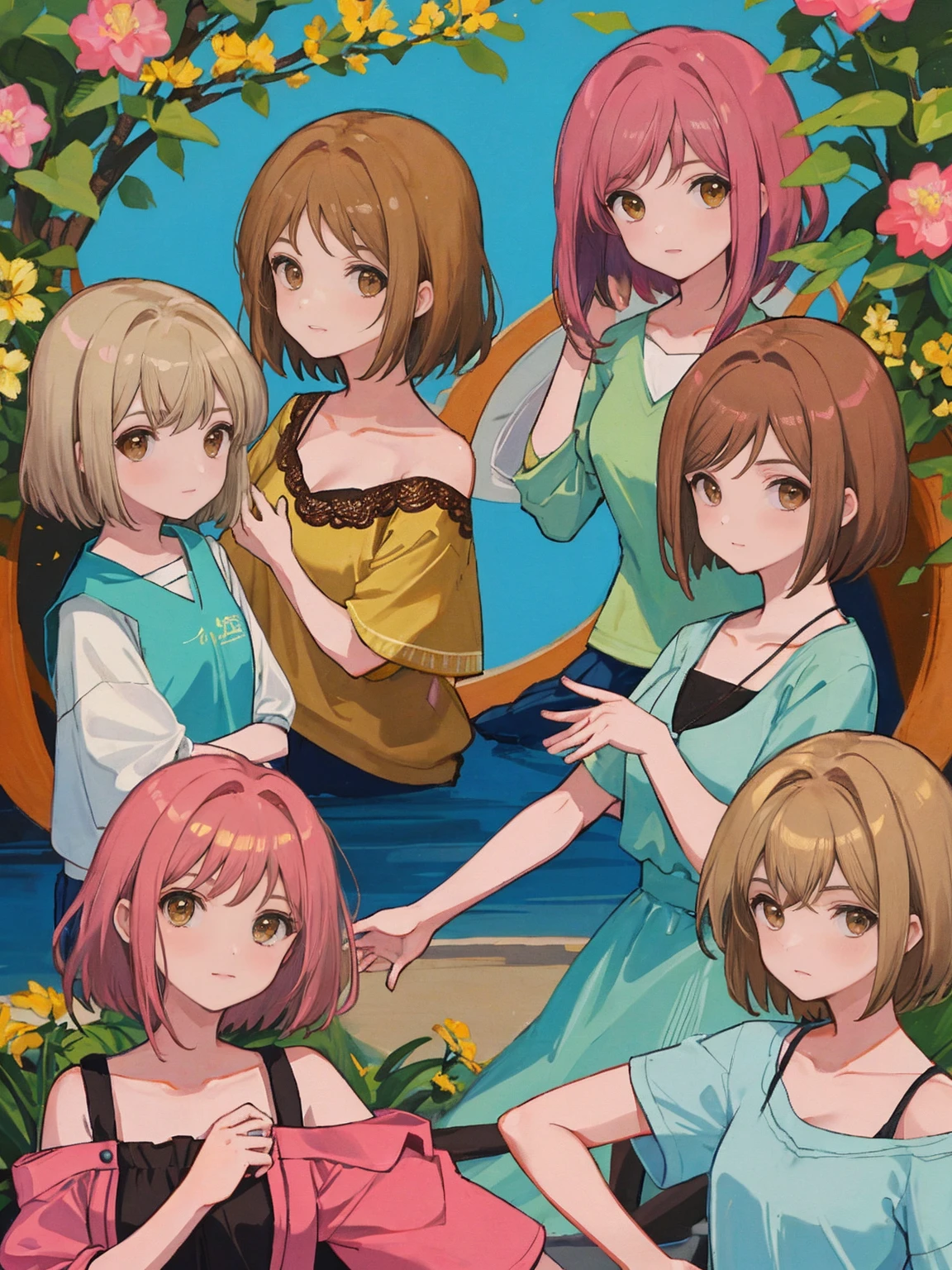 mulheres bonitas. Smooth expression. short hair. Pale brown hair and brown eyes. Fitas brancas em ambos os lados do cabelo. Camisola branca curta. Calcinhas comuns. Hands on chest.Fundo gradiente rosa claro e azul claro. alta qualidade de imagem. Qualidade da foto. High definition. of the highest quality.