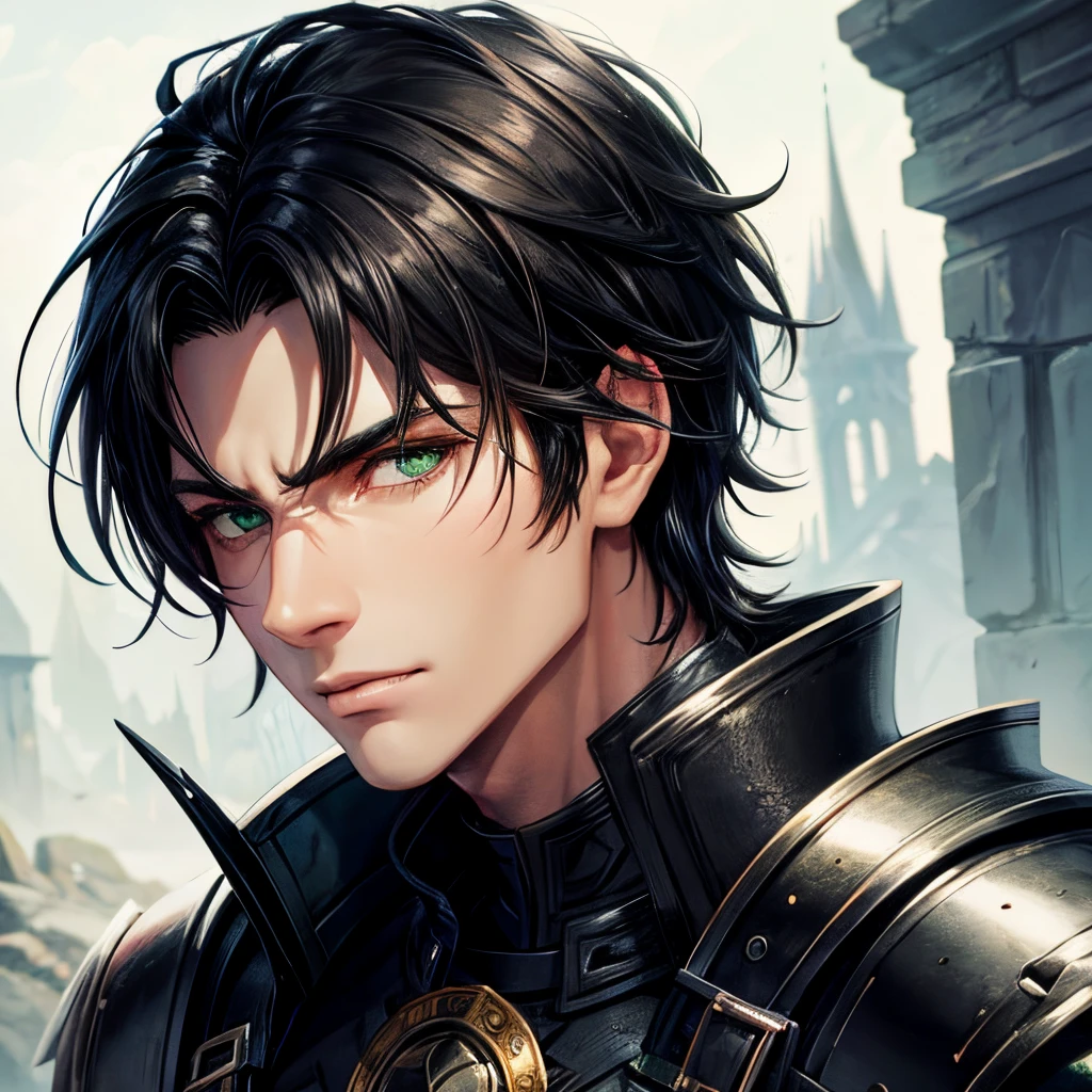 Male, fantasy, black hair, green eyes, black leather armor