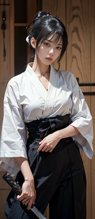 ((slanted eye)),(A MILF),(((maturefemale, Woman))),Solo,masutepiece,top-quality, ultra-definition, max resolution, A highly detailed, ((White Doshi,Black Hakama,KENDOU)),A Japanese style,dojo,Beautiful black hair、Black eyes,Tying hair,Holding a sword,Swinging a wooden sword,Sweating,Front view