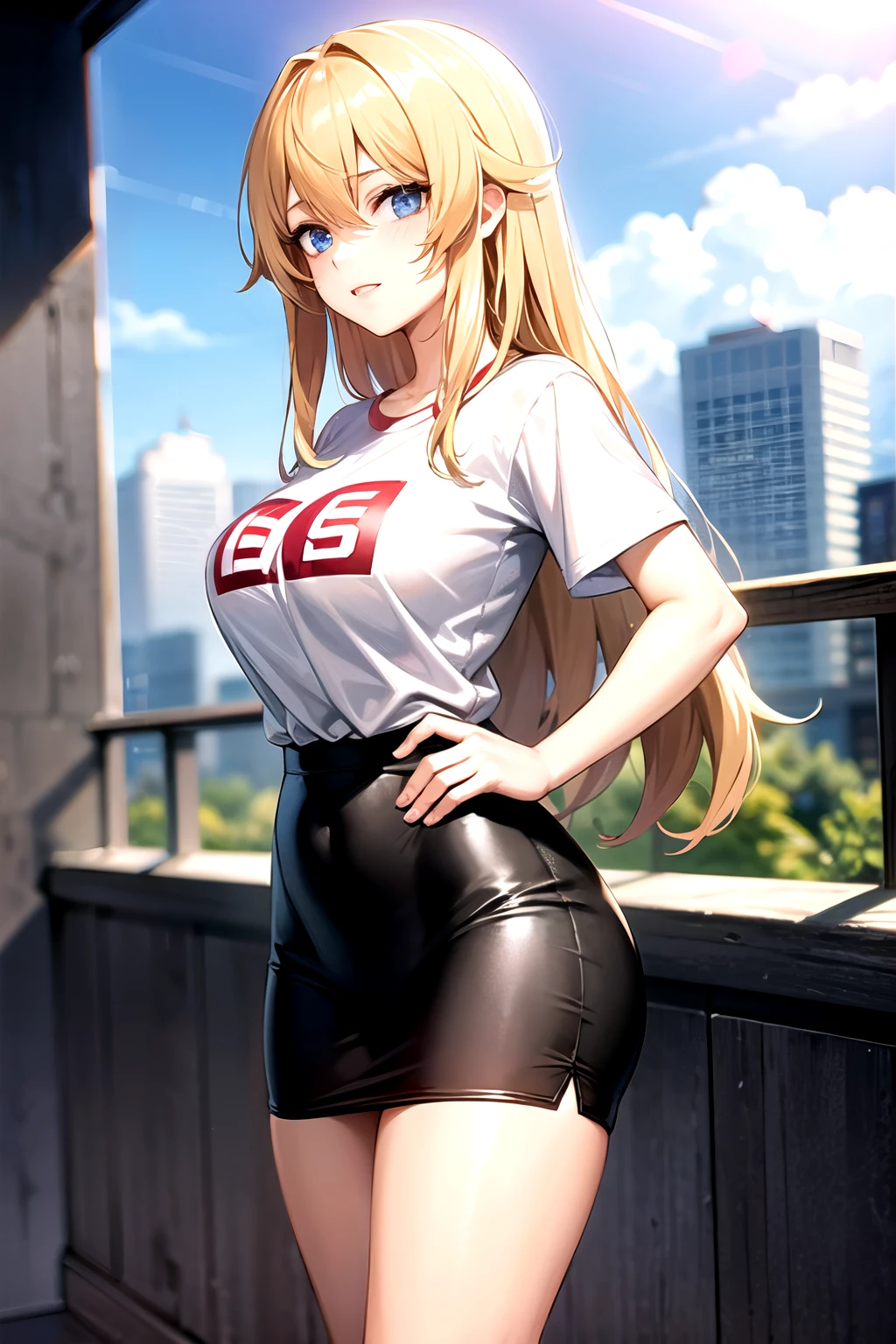 Chica Anime de pelo largo de color negro, Con Piel clara y ojos azules con una camiseta corta de color negro y una franja roja para la derecha, De pechos grandes, Linda, of 20 years, Mayor, Flaca, De cuerpo en buen estado joven