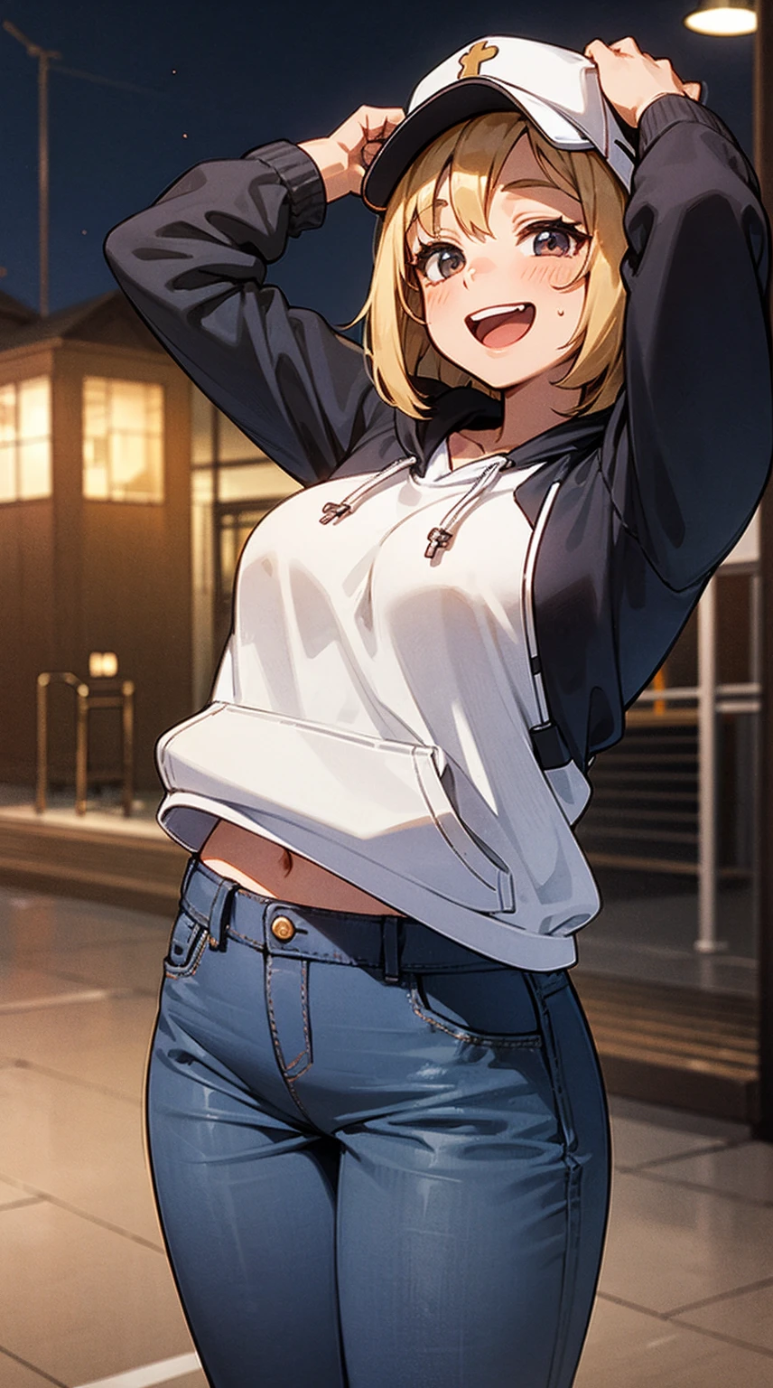 girl,Cute face,cute large eyes,Hoodie,jeans,Put on the cap,On the back roads at night,hands in the pocket,Laughing,Open mouth,masutepiece,Ultra Detail,ultra-quality,super precision,8K,No extra arms,no extra hands,No extra fingers,No extra legs,