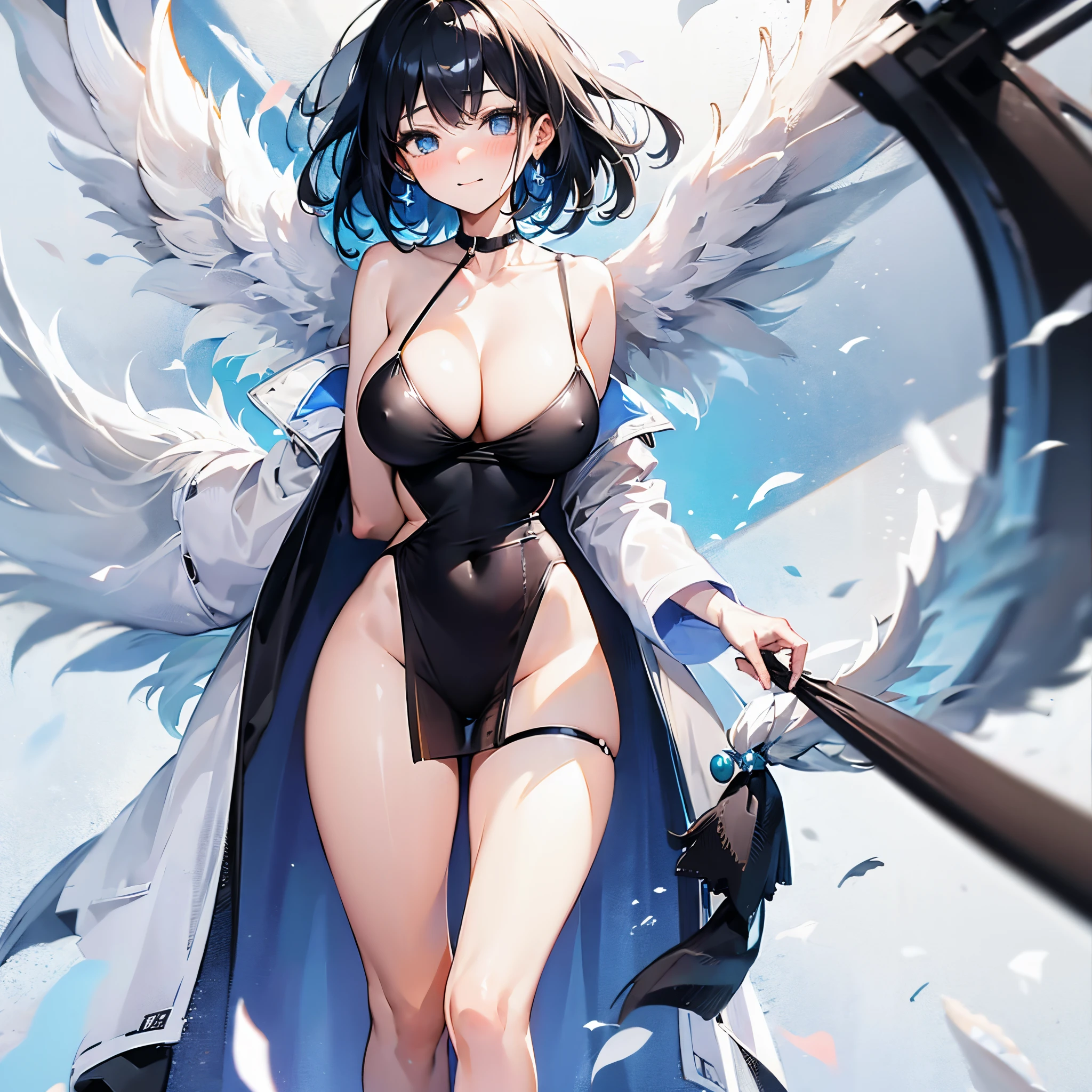 solo seraphim girl standing on peak of snowy mountain, strongly blowing frozen wind, BREAK, (she had black short hair.:1.3), (she is wearing only flapping black sheer short dress.:2.5), (her dress is sleeveless plunging neckline:1.2), (her dress is black short one-piece skirt.:1.5), (her dress has shoulder straps.:1.5), BREAK, collarbone, bared slim arms, bared (thin long legs:1.2), bared neck, BREAK, (large perky breast:1.3), cleavage, BREAK, thin waist, BREAK, smile for viewer, (nose blush:1.2), BREAK, (multiple white wings on back:1.5), (multiple black wings on back:1.5), (12 large wings on back:1.2), BREAK, (orgasm:1.2), breast milk, nsfw, heavy breathing