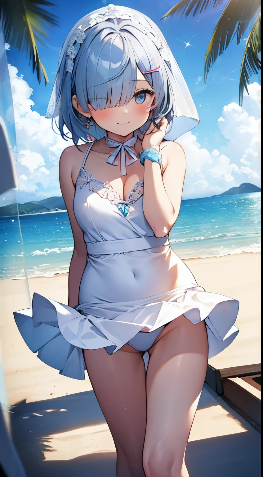 extra detailed face, Perfect Lighting, extremely details CG, 4K、8K、be shy、mournful smile、(Perfect hands, Perfect Anatomy)、Ultra-realistic photo of a girl in a beautiful white swimsuit, small and beautiful swimwear,All White Bikini、small viking veil、Bikini with frills, masutepiece, art stations, Fantasy Art:1.2),Beautiful sandy beach and clear sea、chapel、beautiful white bouquet、Beautiful cute girl, Rem of Rezero、Height 150cm、(Blue shorthair:1.3), (Bangs hide one eye:1.4)、(intricate short white skirt, Bare legs:1.2, Full body shot)、very Bigger breasts、cleavage of the breast、Nipples show through、No panties、No panties、No pubic hair、(Clearly visible detailed female pubic shape: 1.4)、skirt rift、Thin leg、Skinny Legs、very very short skirt、Skirt、put on white opera gloves、sexy pose,The wind blows my skirt away