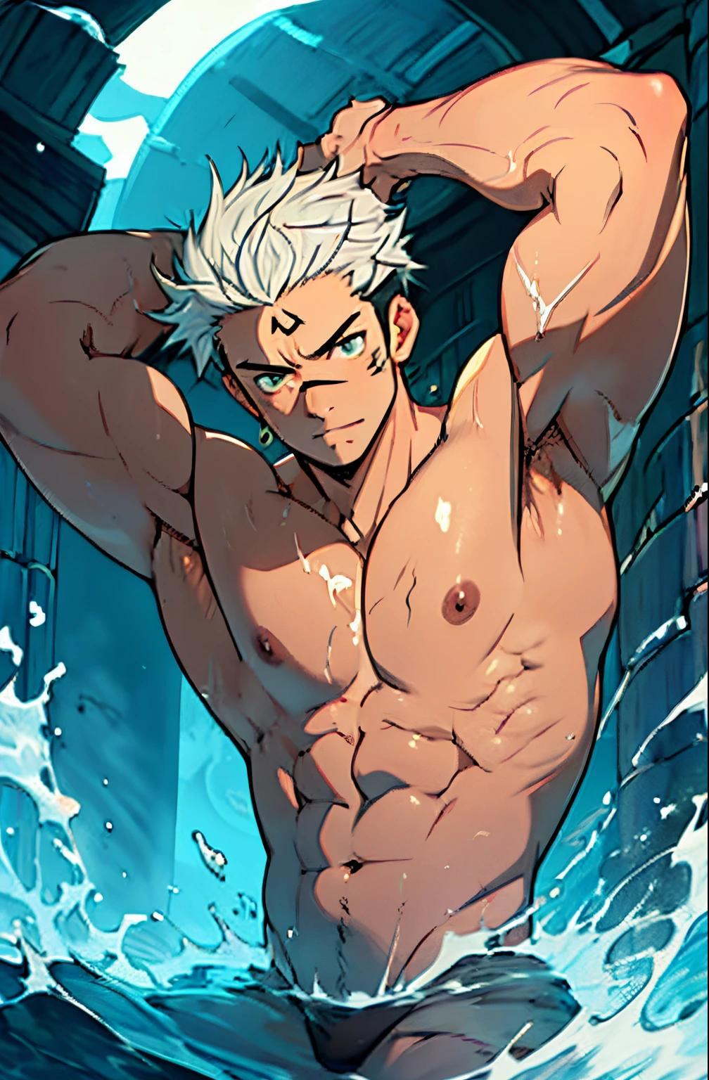 (tmasterpiece, Best quality at best), Homem, Use mini tangainiature white tweezerodelado_Projetos_Tong_breathe through_vastos pecs_Todo o corpo estava encharcado)) , Bio-luminescence_water_Um mundo, Wide angles, corpo atletico, Pessoas do sexo masculino, reluzente_A pele, Tecido muscular,A estrutura humana perfeita,Laranja de olhos prateadoormato das unhas, Determined expression, cintura pequena, A big heart, musculoso , illustratio, watercolor ink sketch,(large bulge),(ovos grandes),Japanese radish,pernas divididas,,((Quadris apoiados)),((pelos grossos do corpo)),(Hands touch the groin),Hairy armpit bottom view),Rounded buttocks,Your hips are forward,((Clothes are soaked)),Duro,(There is a lot of white liquid in the body),borboleta muito detalhada, pernas extremamente detalhadas, Extremely delicate arm, Rosto extremamente detalhado, olhos detalhados perfeitos, anatomia perfeitamente detalhada)),(ombro largo)