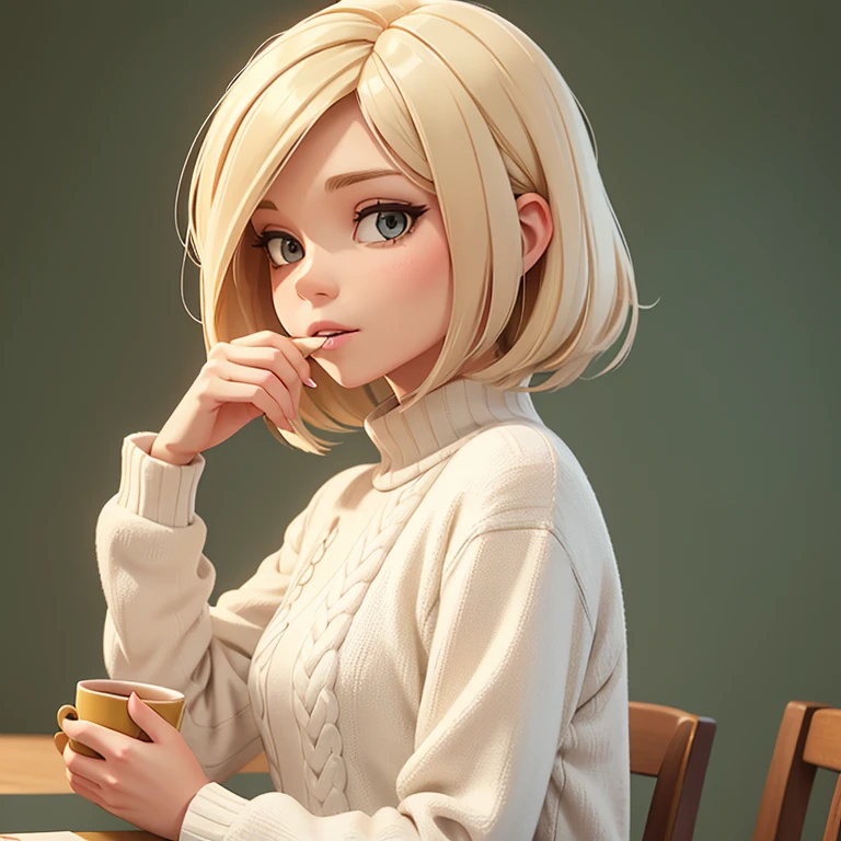 twitch emote of a cute white woman, flowing long bob cut blonde hair, drinking tea. Dressed in a white woolly shirt. Utilize a forest color palette. Apply the digital painting technique to add dept, intricate details, against a white background.