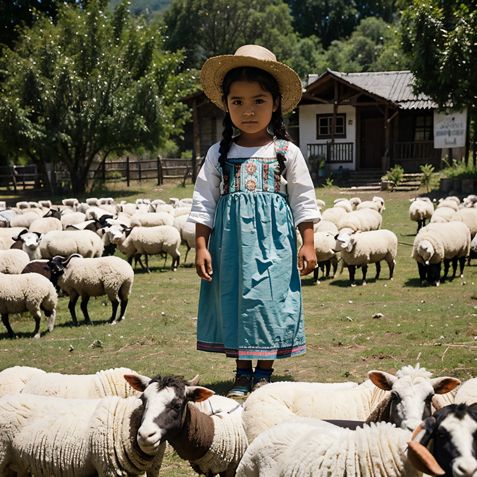 Guatemalan girl in traditional clothing herding sheep