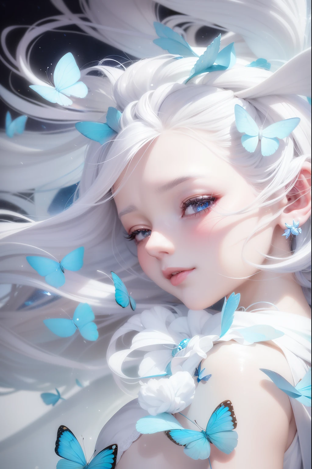 There is a girl with white hair，blue butterfly on head, guweiz, Guweiz style artwork, Beautiful fantasy anime, Beuatiful anime, Soft anime illustration, ross tran 8 k, A masterpiece by Guwiz, Anime beautiful peaceful scene, Popular topics on cgstation, a beautiful anime portrait, beautiful youth spirit, Beautiful anime girls