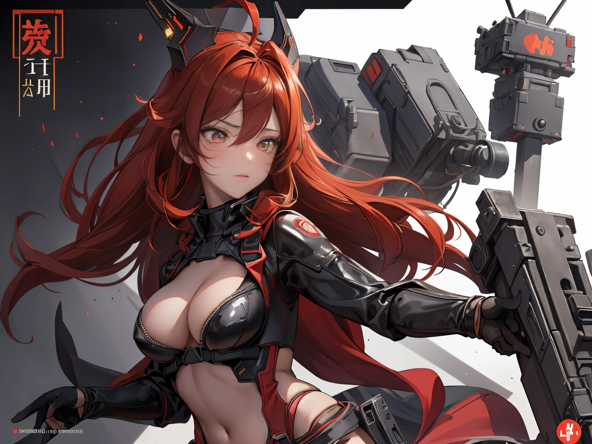 A lone mature girl, Leg long Burning Red hair, , Brown eyes, cat eyes, Beautiful face, masterpiece, best quality, expressive eyes, perfect face, forehead protector, long Black Twin Horn Head Gear, Big Anti-Tank Sniper Rifle, Exposed Navel, Black rubber skin tight suit, full leg black stocking, exposed chest , sci-fi city , High detail mature face, combat suit, high res, ultra sharp, She stands confidently in the center of the poster, Shooting pose, explosion effect, a determined expression on her face。The background is dark and gritty，There is a sense of danger and a strong feeling。The text is bold and eye-catching，With catchy slogans，Adds to the overall drama and excitement。The color palette is dominated by dark colors，Dotted with bright colorake the poster dynamic and visually strikinagazines:1.3), (Cover-style:1.3), Fashion, vibrant, Outfit, posing on a, Front, rich colorful，Background with，element in，self-assured，Expressing the，halter，statement，Attachment，A majestic，coil，Runt，Touching pubic area，Scenes，text，Cover of a，boldness，attention-grabbing，titleashion，typeface，，Best quality at best，Hyper-detailing，8K ，hyper HD