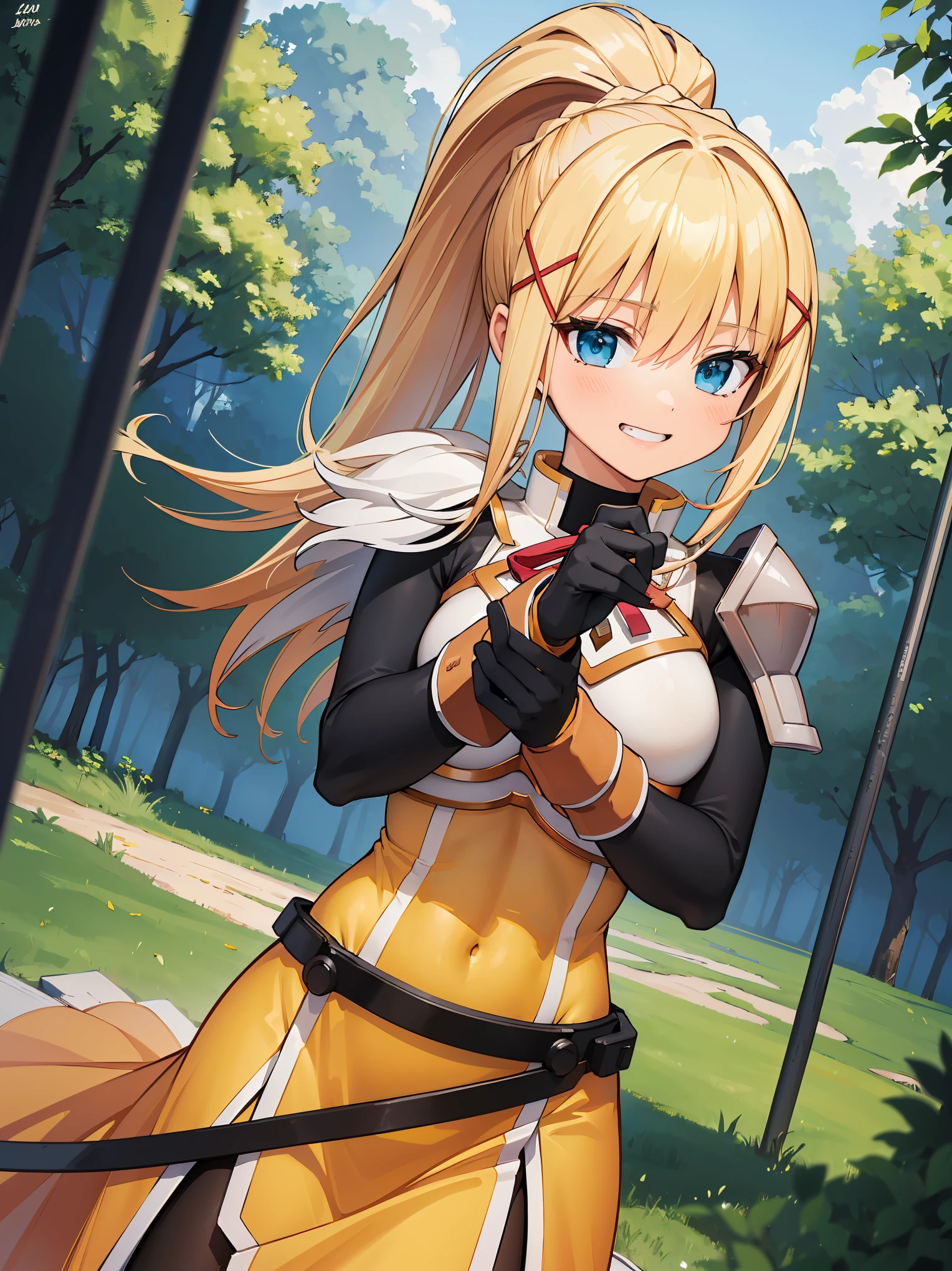 (in 8K, Raw photography, Best Quality, masutepiece: 1.2), high-definition RAW color photography, Professional Photography, Cinematic Light, (animesque:1.2), (1womanl), a blond, ((ksdarkness, ponytail, x hair ornament, armor, shoulder armor, bodysuit, black gloves, Yellow dress)), (Detailed facial expressions), slenderbody, ((Show your teeth and smile)), (((upperbody shot))), ((Kamimei)), ((in woods)), Realistic, Highly detailed, Photography, masutepiece, High quality, High quality, hight resolution, Professional Lighting,