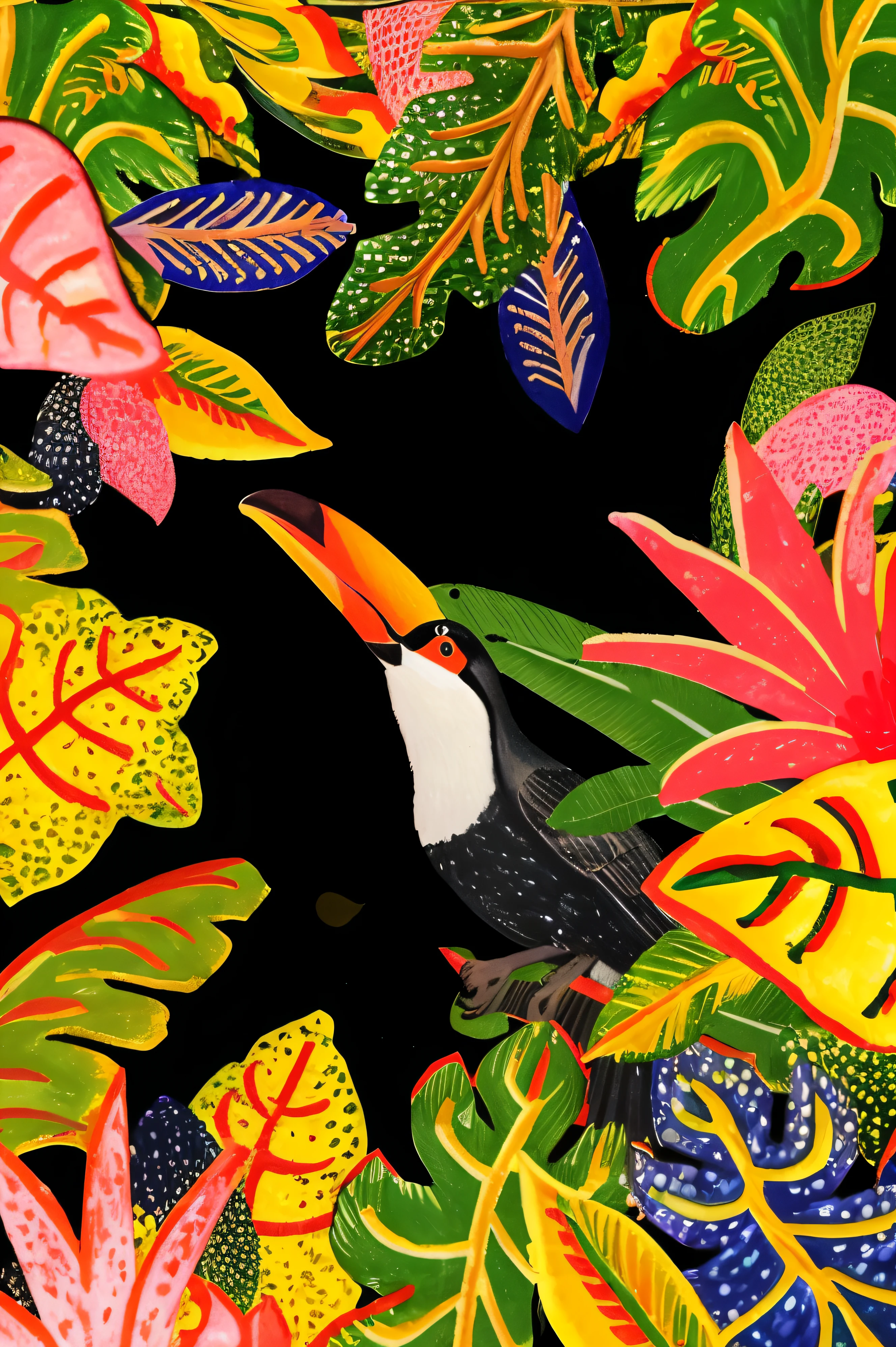 um close de uma pintura de um tucano cercado por folhas, inspirado em Dahlov Ipcar, Directed by: Dahlov Ipcar, selva colorida, inspirado em Henri Rousseau, inspired by Théodore Rousseau, feito no estilo de matisse, No estilo de Henri Rousseau, fauna brilhante, tucano, na selva. florescer, tropical, bordas definidas