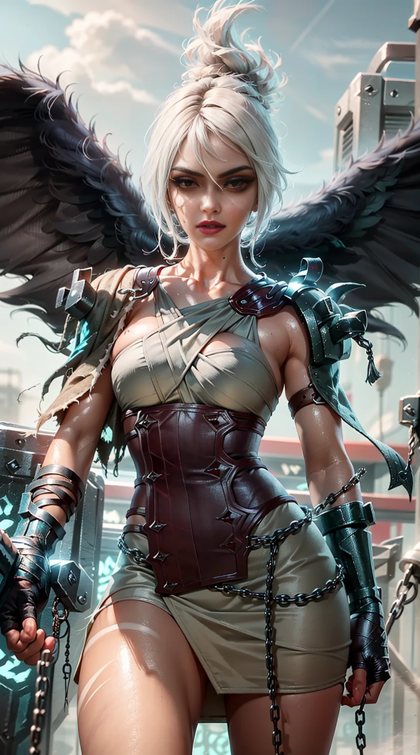 (Masterpiece:1.2), best quality, riven \(league of legends\), 1girl, sarashi, muscular female, abs, white hair, black eyeshadow, bare shoulders, upper body, potrait, wearing black shadow kiss mesh babydoll v-top dress, sshe is pale white mediun skin toned, flames in background, standing posing sexy, she has perfect small breast, she has long red ruby hair, she is a emo punk, she is 19- yrs- old, athletic toned body, she is holding a long sword, she has black wings, dark balck eyelyner, black demon eyes, black lipstick, she has a snake tounge, she has 2 large black wings on her back on the left side and right side.